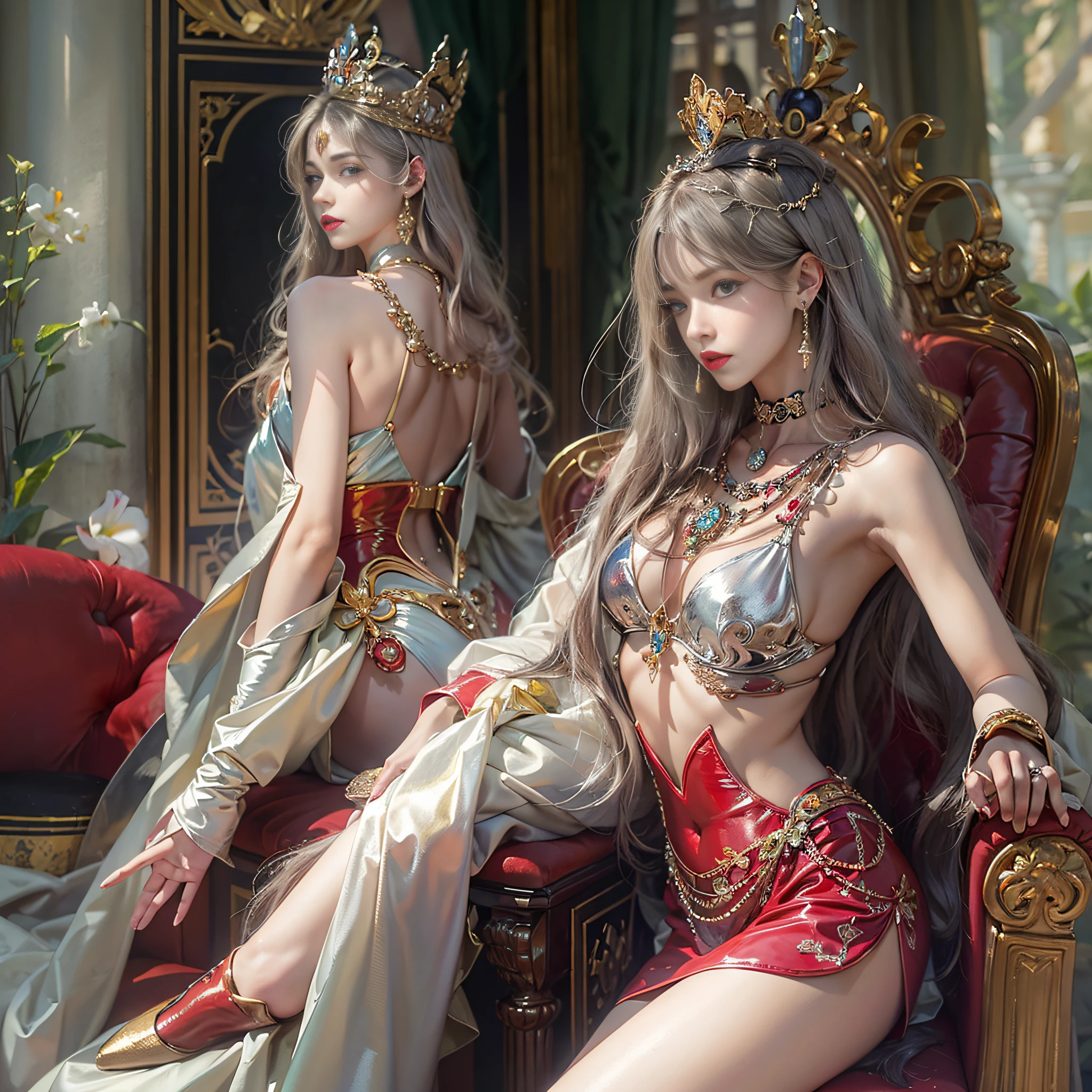 ((​masterpiece:1.4)、(top-quality:1.4)、(reallistic:1.7))、Queen of Mars、coronation ceremony、Super beauty、Sexy Daughter、1girl in、Luxurious costumes worthy of a queen、latex shiny、By Luis Royo、age19、Super Ultra Ultra Bikini、Looking Back Beauty、Outstanding style、Slender Abs、Anatomically correct limbs、Anatomically correct body structure、Realistic standard body shape、beauty legs、Beautiful ass、A detailed eye、beautidful eyes、Raw photo、red-lips、Red high heels、tiarra、a choker、a necklace、耳Nipple Ring、Palace Royal Palace Room