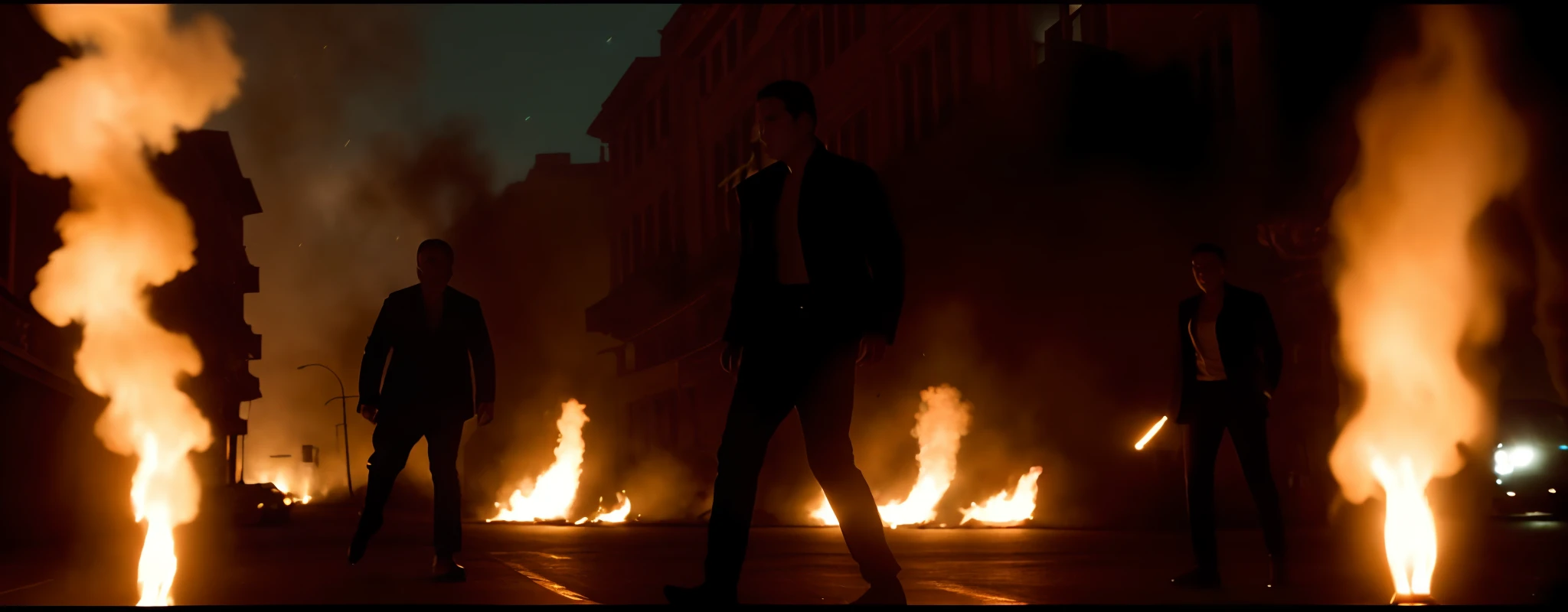 a group of people walking down a street at night with torches, action scene from the film, burning scene in the background, still from a terence malik film, the night war rages behind him, shot from danis villeneuve movie, furious action scene, mutants roaming in the evening, screenshot from a movie, movie screen shot, shot from movie, action scene screenshot