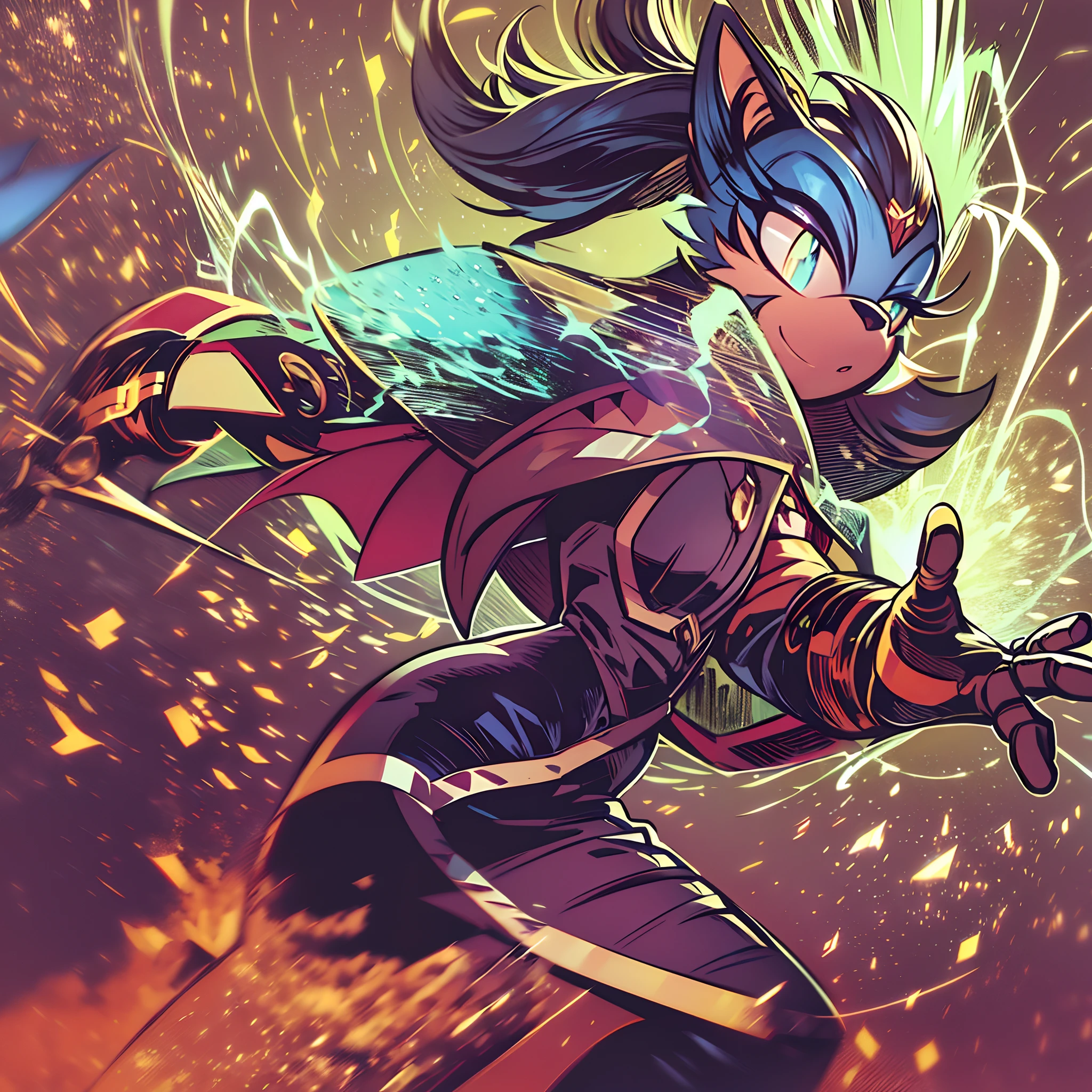 Aurora's skin is a light purple hue, with a soft and radiant hue. Its complete artistic design is composed of a slender and athletic body, with well-defined muscles. Her hair is short and messy, in a shade of bright electric blue that seems to radiate energy. She has a side bangs that fall slightly over one eye, giving a mysterious look to her look. Aurora wears a sturdy, fitted jacket of dark gray color with blue accents, representing her connection to electricity. She wears black combat gloves and boots, which provide stamina and mobility during her high-speed stunts. Aurora also carries an electronic device on her wrist, which amplifies her electrical abilities and allows her to manipulate energy currents with greater precision.
Aurora the Blitz is a unique character with an enigmatic personality and a powerful story. She stands out as a force for good in her reality, fighting the dark forces that threaten peace and .