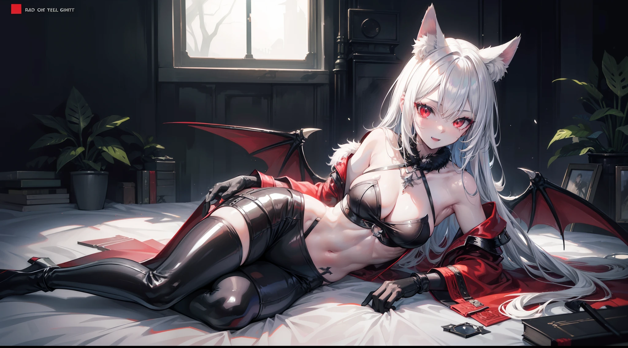 realistic photo of slaved (savage, tribal, jungle)_vampire with (white hair), bat fur, bat ears, coat|wings, ((fangs)), futuristic_extremely_detailed_tight_(lacy, silk, satin, leather, latex, fur)_(clothing, skirt), detailed face, detailed beautiful shiny red eyes, slit pupils, (((seductive laying))), metallic reflections, ((tatooed, marked)_with_shining_runes)_fit_muscular_body, shiny white skin, tropical city ruins fog, (((1girl))), portrait, (full body), natural breasts, medium length white hair, masterpiece, best quality, beautiful and aesthetic:1.2, fractal art:1.4, 16K, HDR, RTX, Ray Tracing, Radiosity, Anisotropic Filtering, Subsurface Scattering