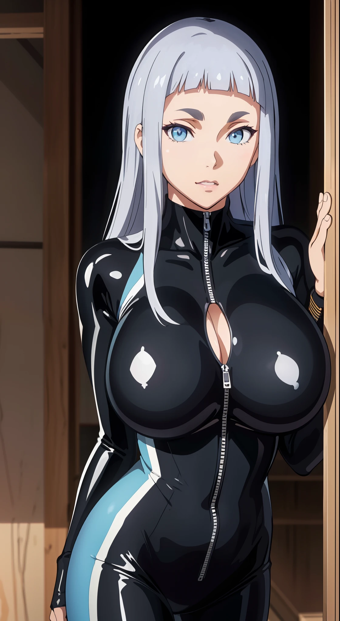 professional artwork, Intricate Details, field of view, sharp focus, detailed painting, photorealistic lighting, trending on pixiv, Standing at attention, sky blue bodysuit, tight bodysuit, ((huge breasts:1,3)), revealed skin, cleavage, black latex bodysuit zip half opened, tight bodysuit, shiny bodysuit, Beautiful body,Beautiful Nose,Beautiful character design, perfect eyes, perfect face, looking at viewer, NSFW,official art,extremely detailed CG unity 8k wallpaper, perfect lighting,Colorful, Bright_Front_face_Lighting, (masterpiece:1.0),(best_quality:1.0), ultra high res,4K,ultra-detailed, photography, 8K, HDR, highres, absurdres:1.2, Kodak portra 400, film grain, blurry background, bokeh:1.2, lens flare, (vibrant_color:1.2), shikkoku_yorihime, (seductive look, flirting, sexy), ((looking at viewer, front body pose))