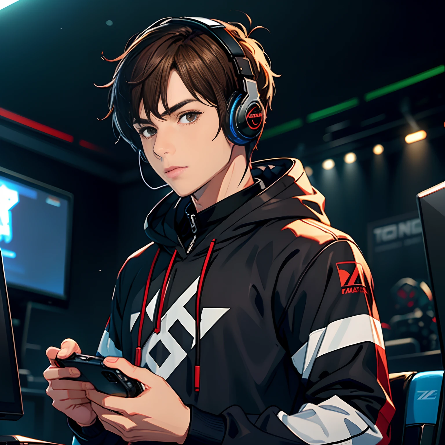A handsome young man with brown hair，wearing black clothes，In the field of esports，Bring headphones，Play handheld consoles，Stand in a virtual space