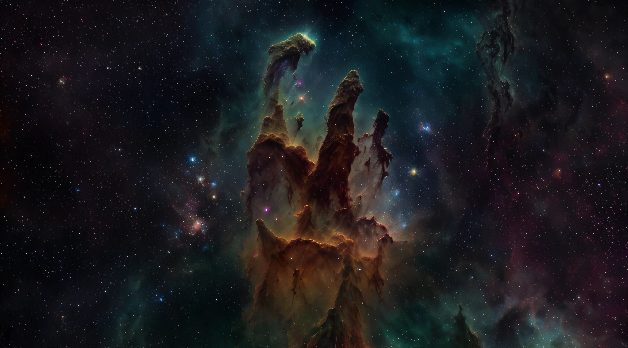 Araffes in the middle of a galaxy with stars and a nebula, pillars of creation, dramatic powerful nebula, epic nebula, Nave espacial em uma nebulosa, Nebulosas coloridas rasgadas, amazing space creature 4 k, A spaceship through the nebula, Nebulosa fora do universo, non-universe.Altamente realista, Nebulosa da Arte Gerativa, Vasta nebulosa, em uma nebulosa
