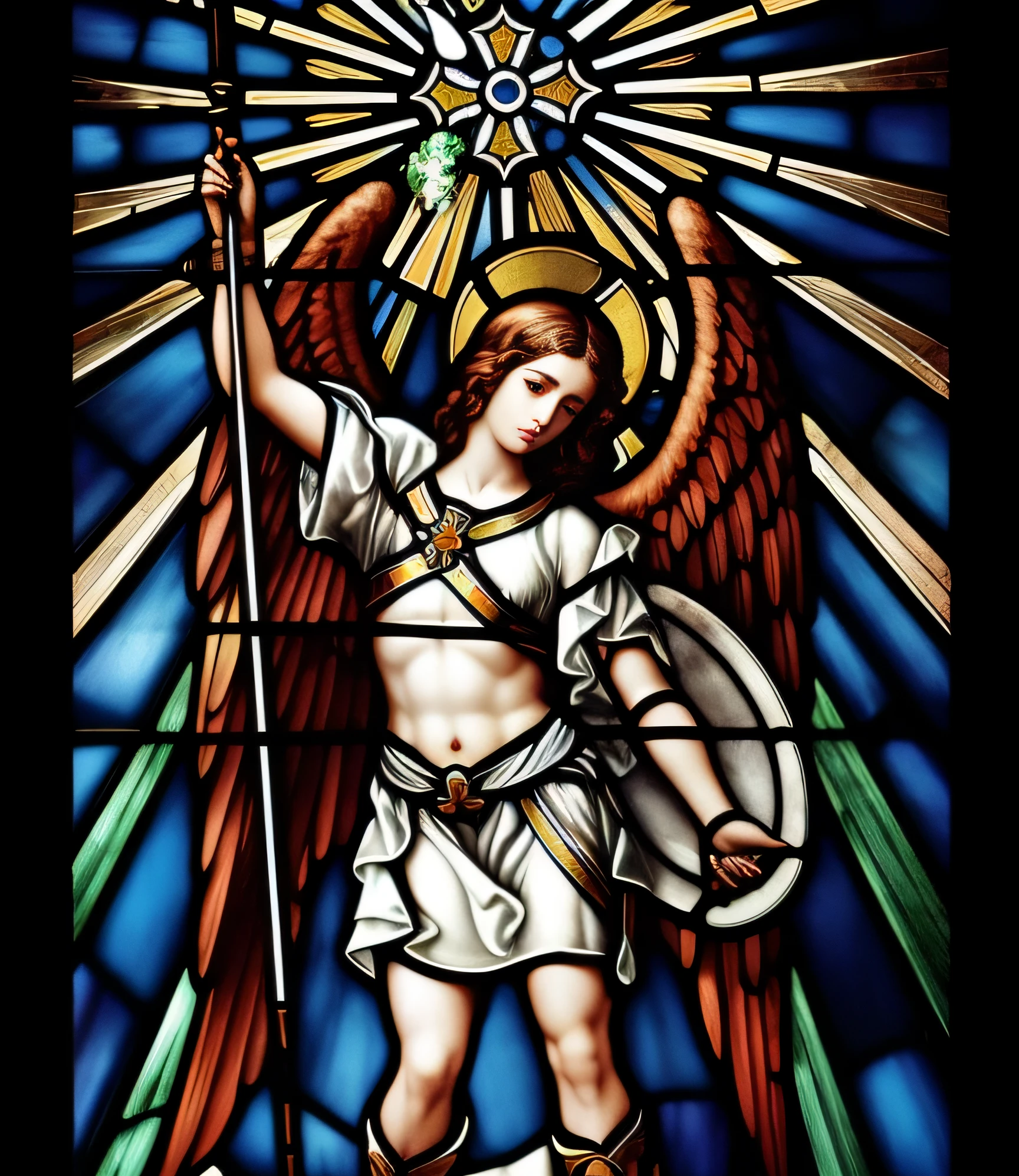 um close up de um vitral com uma pessoa segurando uma espada, saint michael the angel, Arcanjo Miguel, arcanjo, vitral, arte dos vitrais, em um vitral, vidro manchado, Vitrais Maxim Verehin, anjo, vitral!!, vitral obra-prima, anjo do antigo testamento, vitrais, stained glass tarot style, Daniel