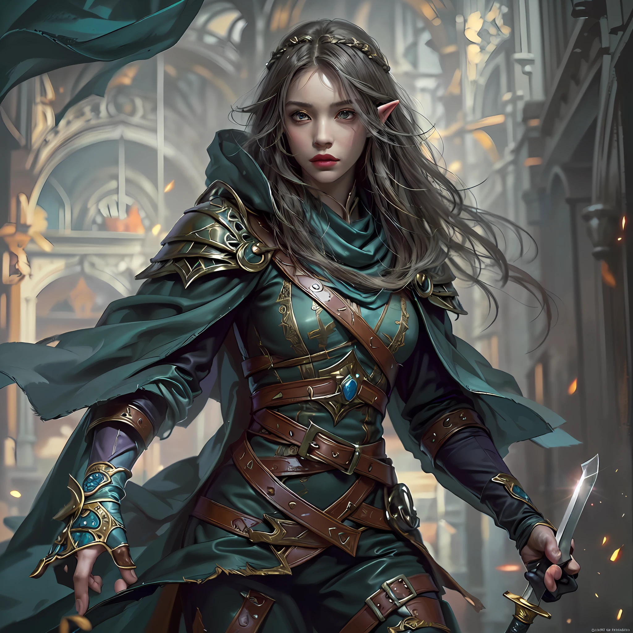 a picture of a female elf (intense details, Masterpiece, best quality: 1.5) fantasy swashbuckler, fantasy fencer, armed with a slim sword, shinning sword, metallic shine, colorful clothes, an ultra wide shot, full body (intense details, Masterpiece, best quality: 1.5)epic beautiful female elf (intense details, Masterpiece, best quality: 1.5), [[anatomically correct]],  rich hair, braided hair, long hair, small pointed ears, fantasy urban street (intense details, Masterpiece, best quality: 1.5),  purple cloak  (intense details, Masterpiece, best quality: 1.5), long cloak (intense details, Masterpiece, best quality: 1.5), elven leather armor (intense details, Masterpiece, best quality: 1.5) sense of daring, sense of adventure, controlling a swirling radiant magic runes (1.5 intricate details, Masterpiece, best quality), manipulating magical runes (intense details, Masterpiece, best quality: 1.5) high details, best quality, 8k, [ultra detailed], masterpiece, best quality, (extremely detailed), dynamic angle, ultra wide shot, photorealistic, RAW, fantasy art, dnd art, fantasy art, realistic art,