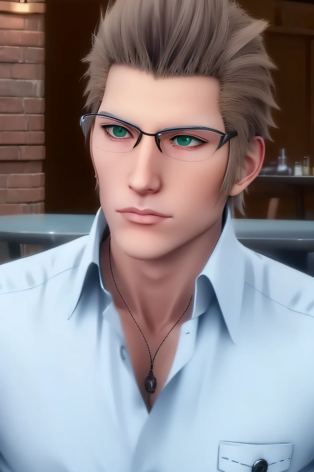 ignis, sits at the bar, A glass of wine in his hand, white  shirt, The buttons on the chest are unbuttoned, green colored eyes, eyeglasses, light blonde hair, 1male, 独奏, Beautiful art,  good anatomy, Beautiful hands, beatiful face, Bar counter, rested his elbow on the tabletop, table top in front of a man