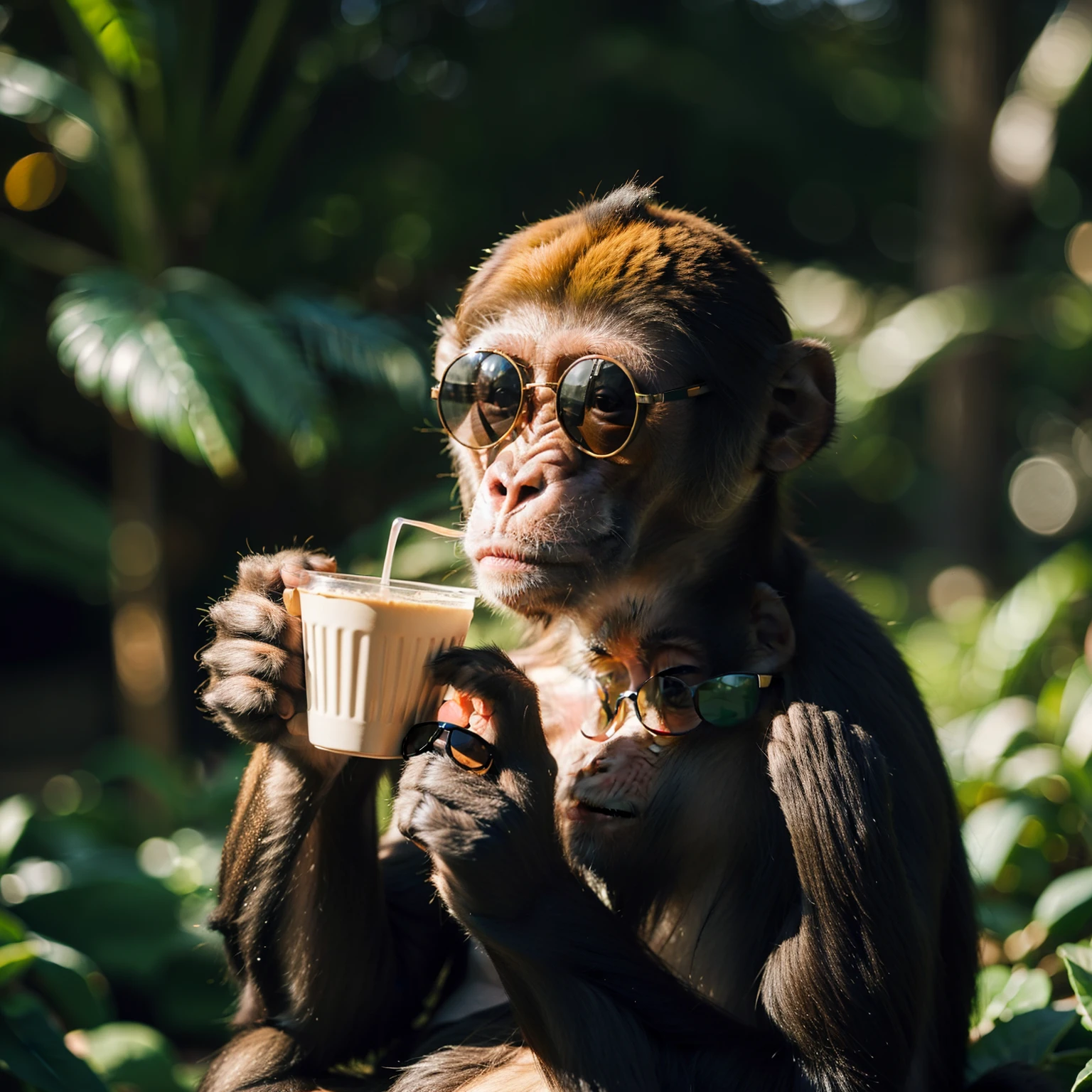 Alta qualidade, extremely high-resolution, Monkey wearing sunglasses, holding a cup with your hand, olhando para o telespectador
