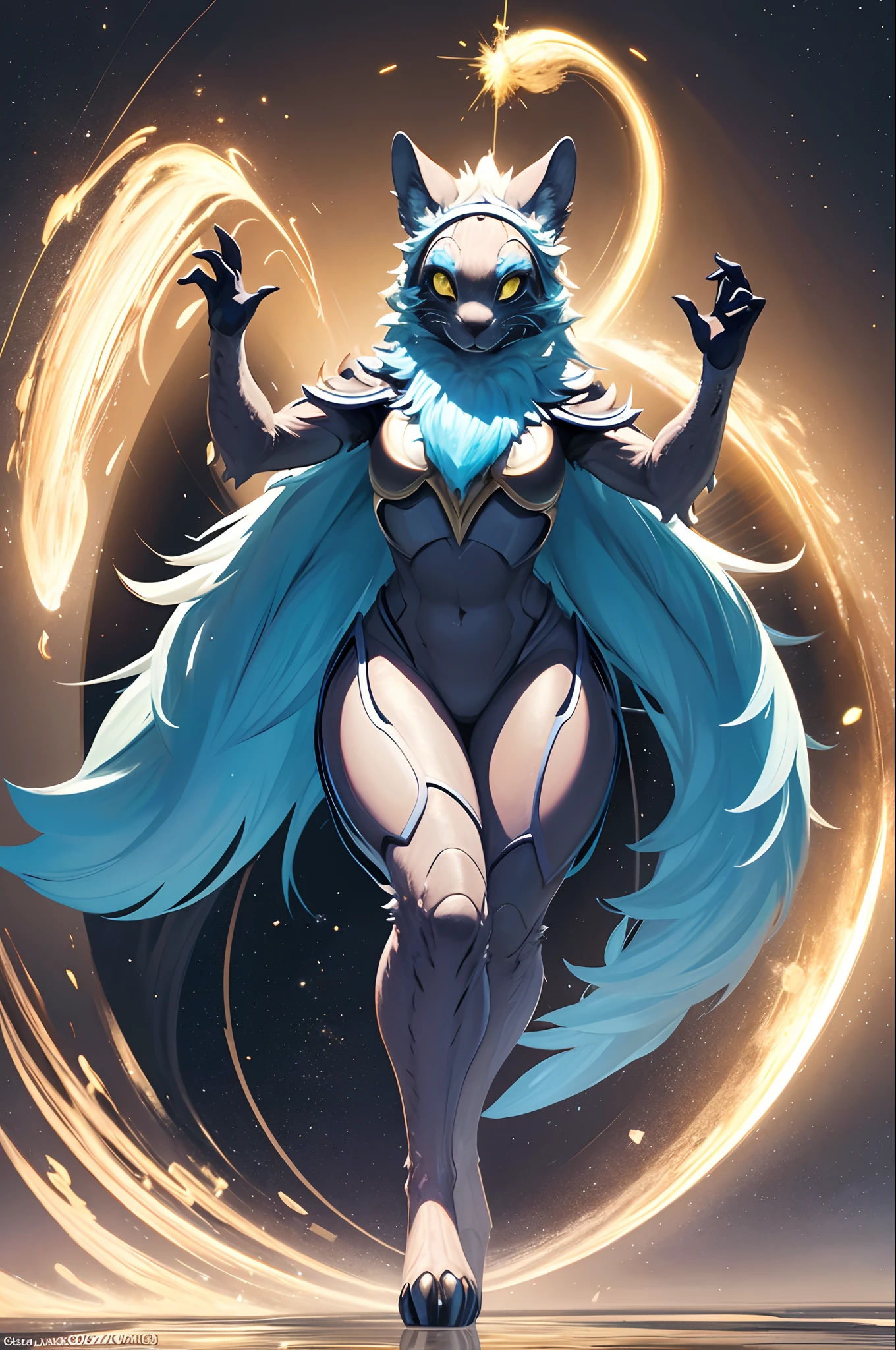 Image rendering in high resolution, with photorealistic quality and rich in detail. Start with the main body. Imagine a pet creature the size of a large dog, with a shape similar to a panther. The body is covered with soft scales, each with an iridescent glow, reflecting all the colors of the spectrum based on the incident light, giving it a mesmerizing appearance. The creature's head is elegant, with large almond-shaped eyes that twinkle like light reflected off a lake. His irises are a deep, captivating blue, radiating a soft light, indicating his elemental power. Add two thin, pointy ears, similar to those of a lynx, framing the creature's face. The creature's tail is long and sinuous, ending in a spiral similar to that of a chameleon, but larger and more robust. It is covered by the same shimmering scales as the body. On the feet, instead of ordinary claws, the creature has crystal-like structures, translucent and of various colors, which glow with an internal light. These "crystal claws" are indicative of his mastery over the elements. Elemental powers. Around your body, show a soft, rippling aura, as if it were composed of tiny particles of light. This aura can change color depending on the element the creature is currently manipulating – blue for water, red for fire, yellow for earth, and white for air. Capture these elements in action around her: a small swirl of fire dancing on her front paw, a ball of earth floating over the other, a breath of wind circling around her tail, and a drop of water floating near her head. Crystal cave setting. Finish the image with a final polish to ensure a vivid brightness and luminosity. The colors should be rich and intense, with high contrast to highlight the splendor of the creature. The scales should reflect light as small prisms, adding extra brightness.