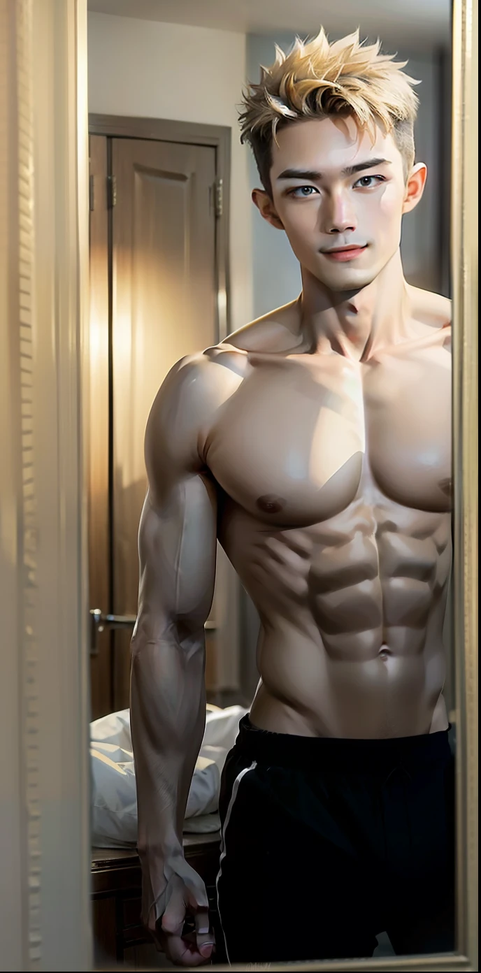a gay 25 year old man with smooth skin and blond hair stands in front of a mirror, with a slight smile of pride for working out and being fit. Create an interesting portrait of this gay man.