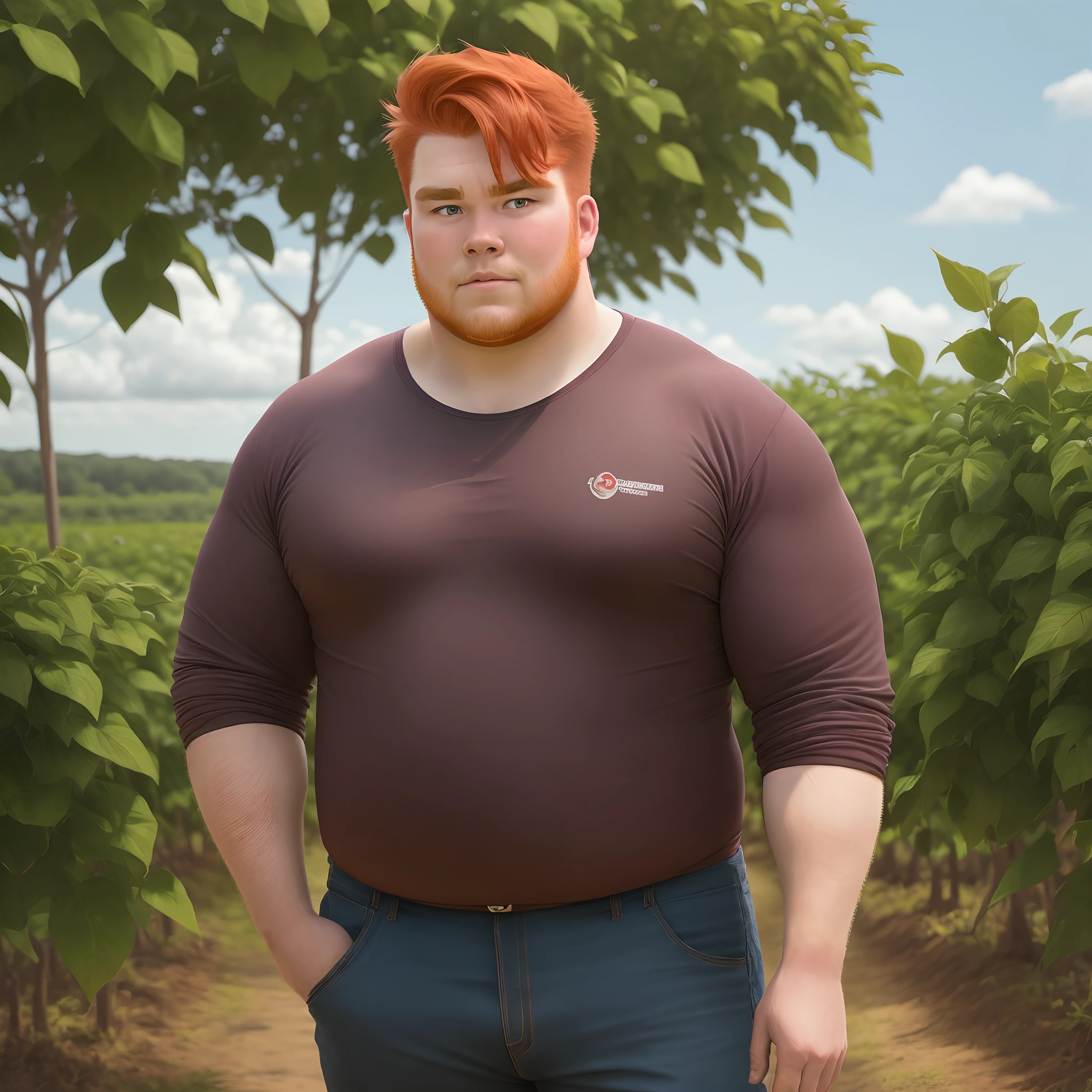 Portrait of a redhead, handsome, fat, strong, set man, no country-style country, scenery, swidden, soybean plantation, looking straight ahead;