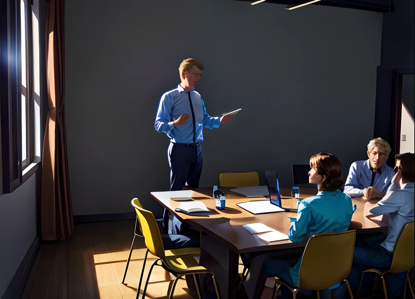 meeting, managers, shirts, slavic people, schedule presentation, bright room
