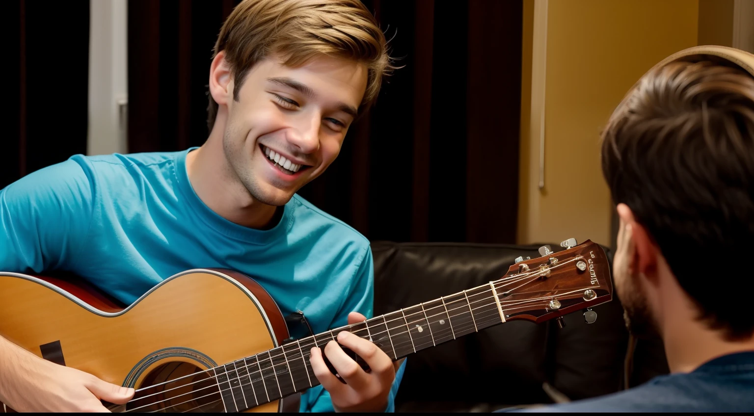 Lucas smiling as he interacts with others while playing guitar