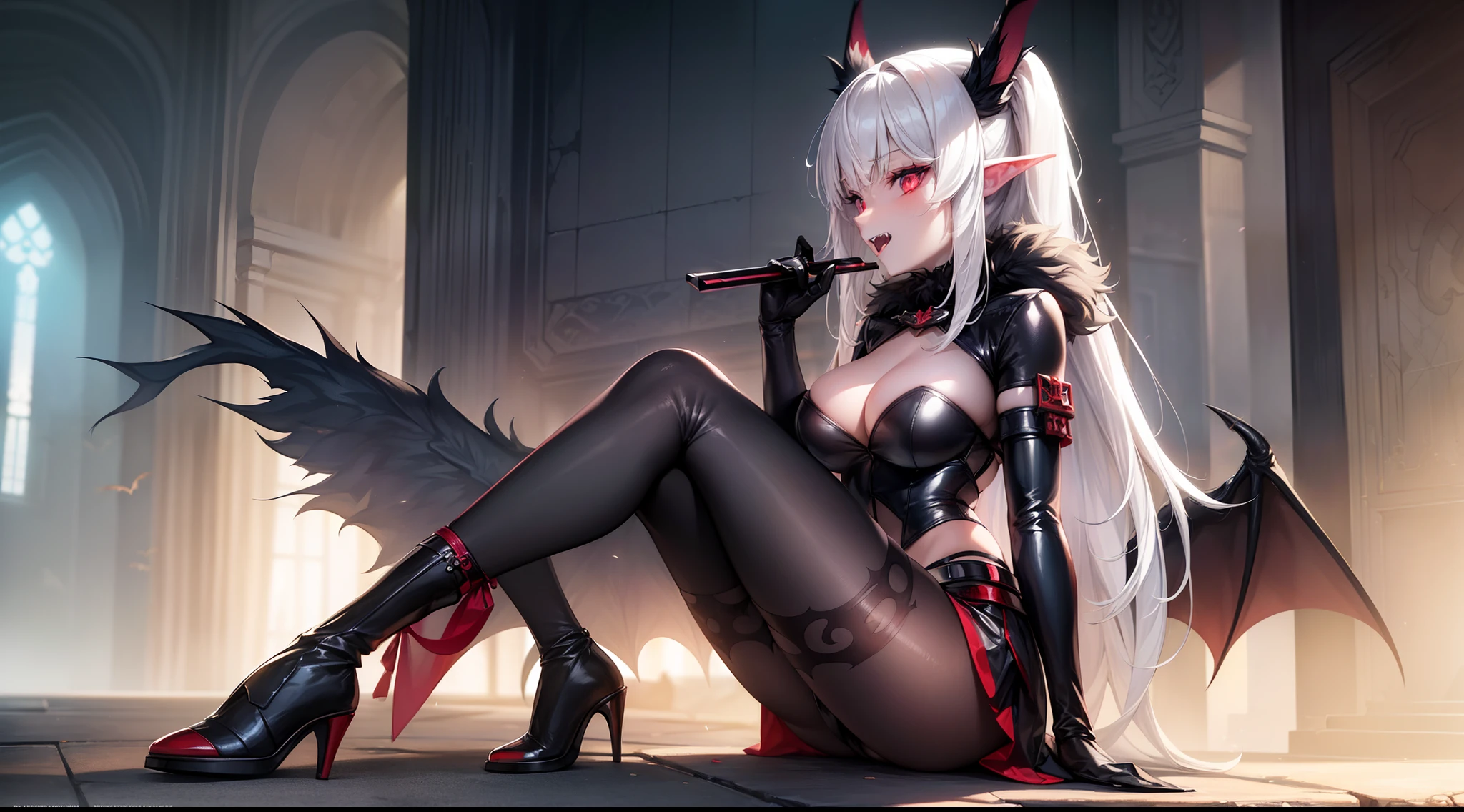 realistic photo of slaved (savage, tribal, jungle)_vampire with (white hair), bat fur, bat ears, coat|wings, ((fangs)), futuristic_extremely_detailed_tight_(lacy, silk, satin, leather, latex, fur)_(clothing, skirt), detailed face, detailed beautiful shiny red eyes, slit pupils, (((seductive laying))), metallic reflections, ((tatooed, marked)_with_shining_runes)_fit_muscular_body, shiny white skin, tropical city ruins fog, (((1girl))), portrait, (full body), natural breasts, medium length white hair, masterpiece, best quality, beautiful and aesthetic:1.2, fractal art:1.4, 16K, HDR, RTX, Ray Tracing, Radiosity, Anisotropic Filtering, Subsurface Scattering
