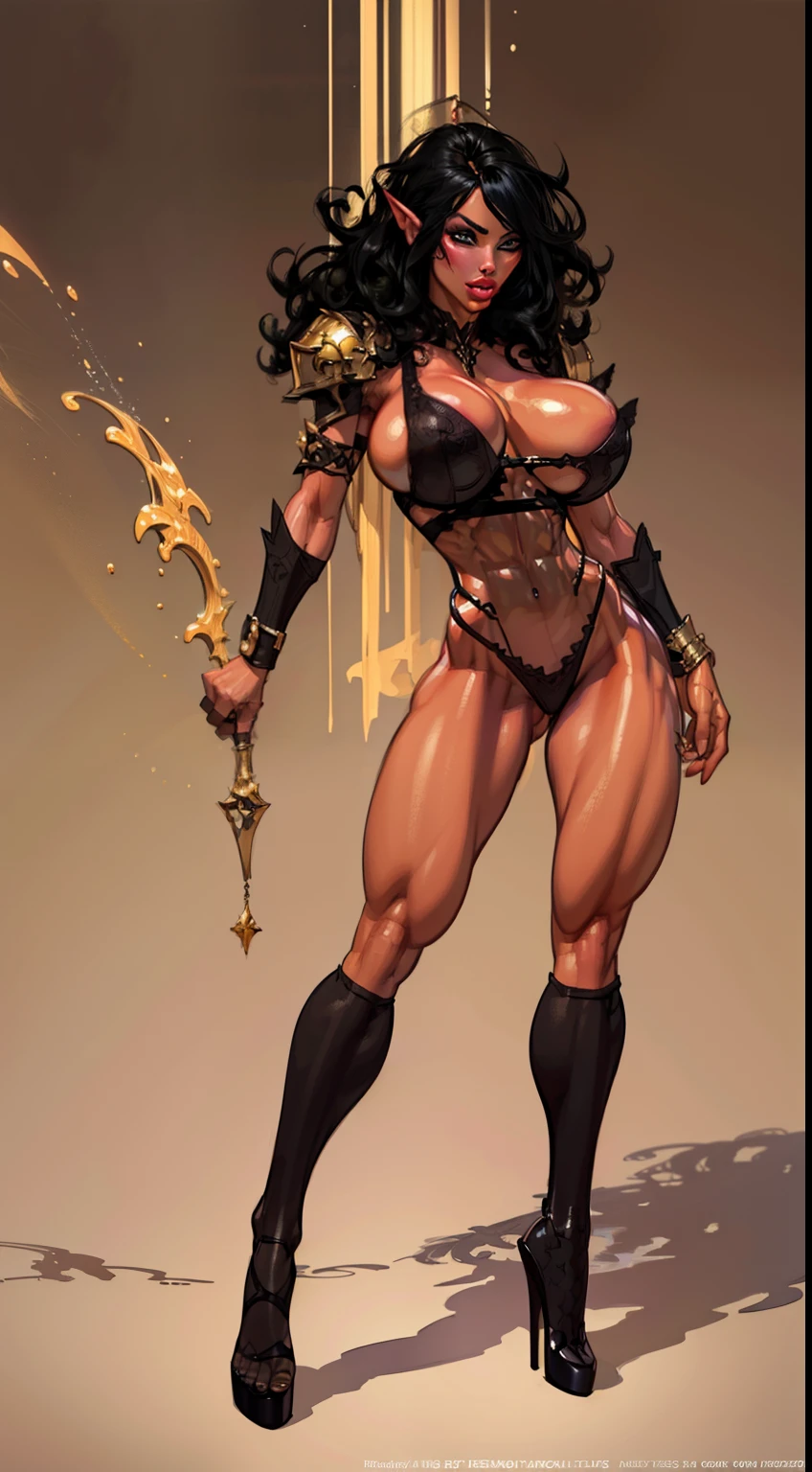 2girls, sehele style, anime style, (((dark elf))) (((peach skin:1.0))) and (((smoldering eyes))). Her (((blunt curly hair))), ((black hair)), 8k, 4k, Unreal Engine 5, octane render, trending on pixiv, fanbox, skeb, (((gold knight armor))), masterpiece, ((8 pack abs:1.2)),(huge breasts:1.4), (full bodied), wide hips, (full lips:1.5), smooth soft skin, big dreamy eyes, beautiful intricate, anime wide eyes, soft lighting, concept art, digital painting,