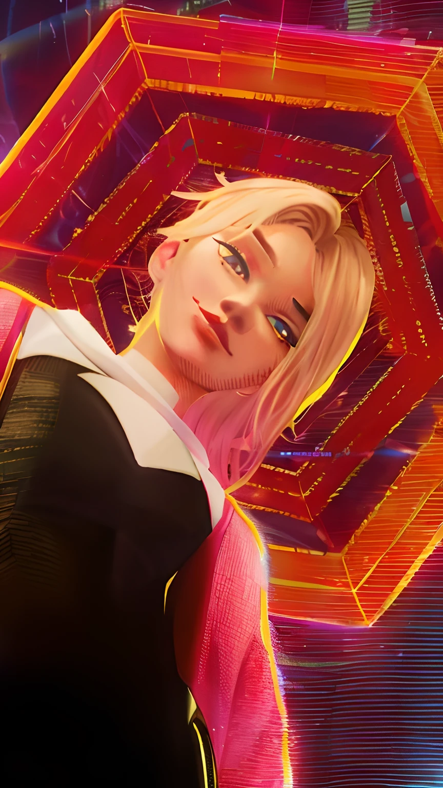 um close up de uma pessoa com um cabelo rosa e um top preto, betty cooper, Gwen Stacy, annie leonhart in a neon city, Gwen-aranha, aranha - gwen, aranha gwen, tiro de baixo, KDA, Android 18, Operadora de Neon Margot Robbie, Motor irreal : : maquiagem rave, no aranhaverso, vibrant fan art, estilo cyber universe