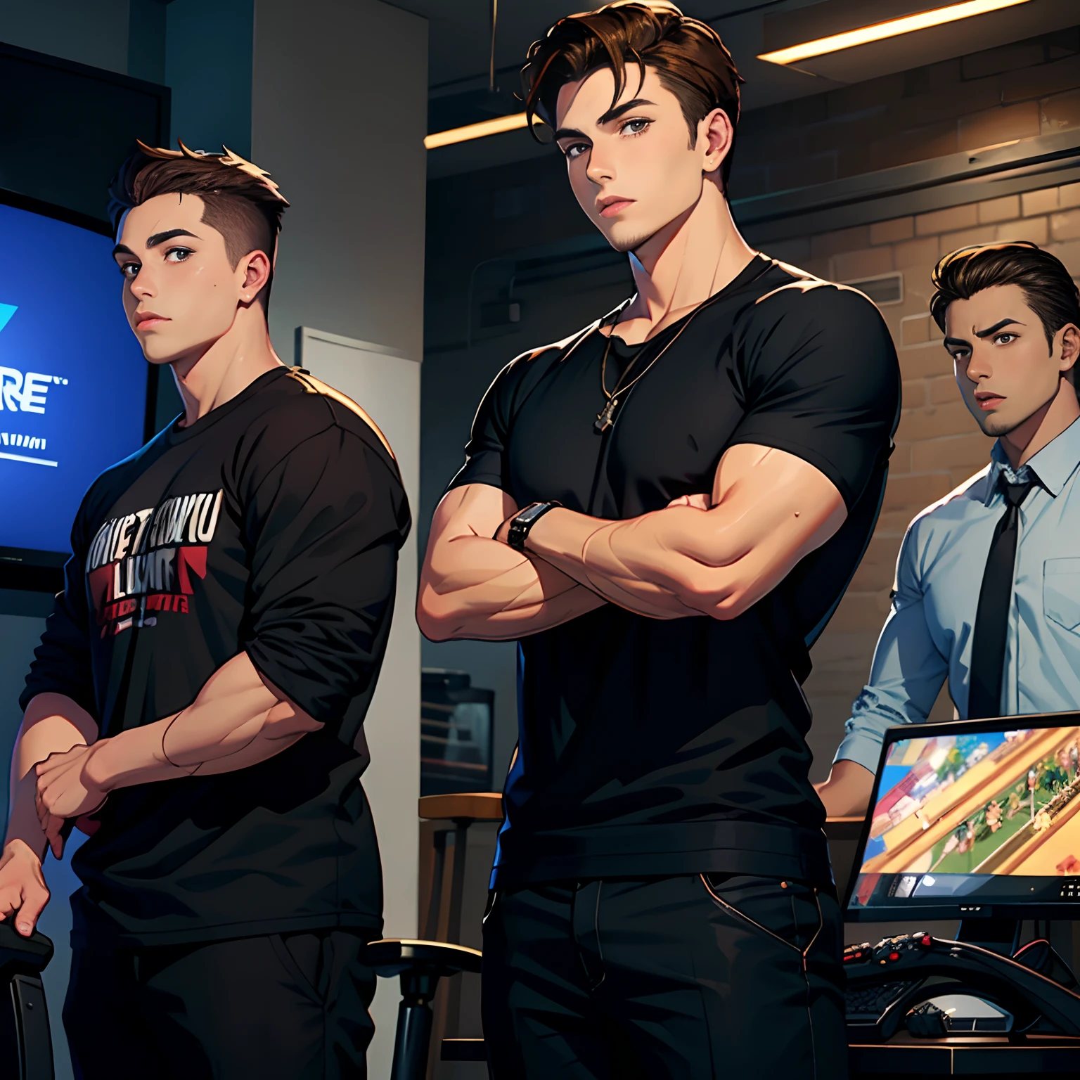 A handsome young man with brown hair,wearing black clothes,Standing with a burly youth,In the background is a gaming room