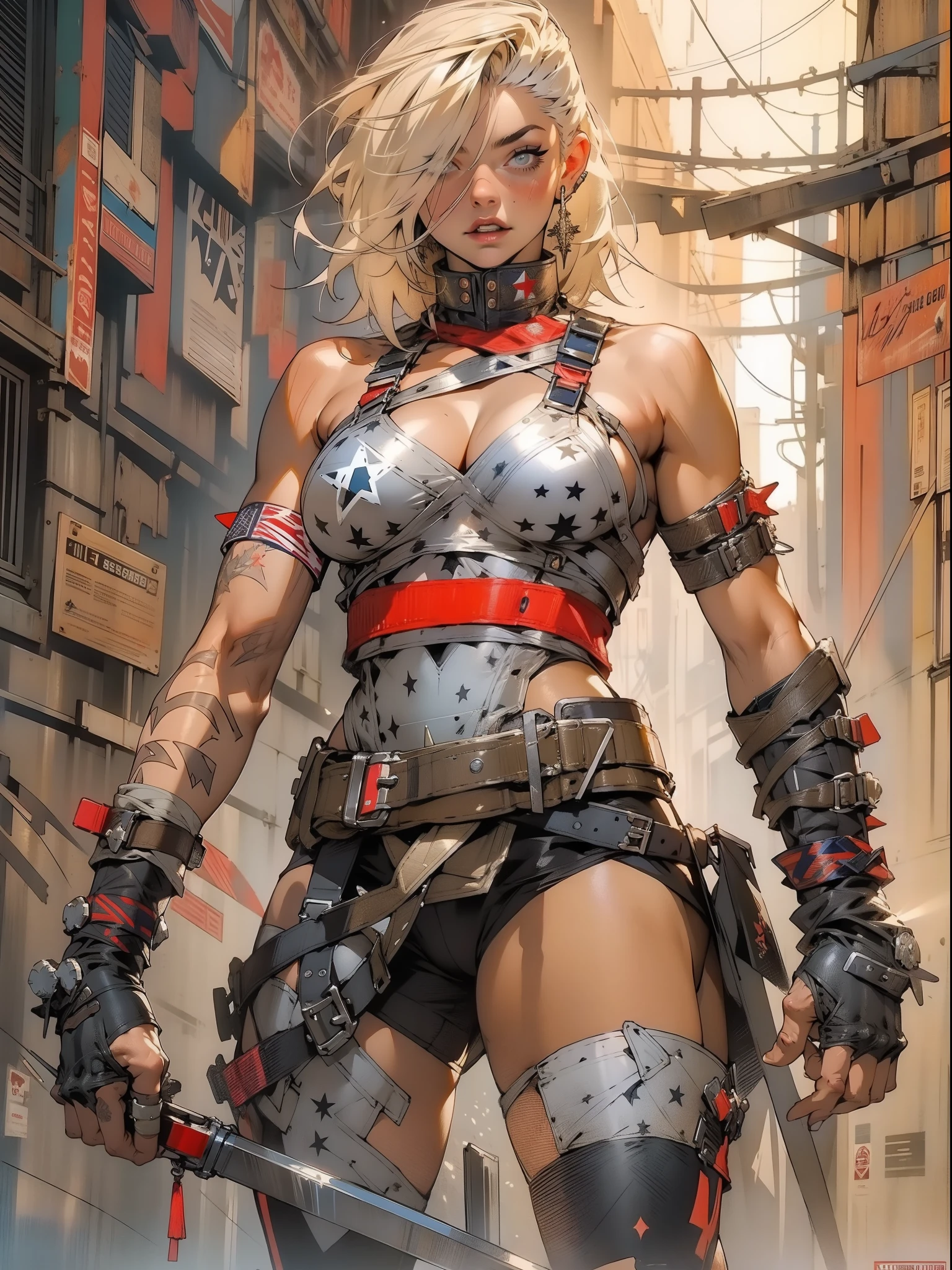 (((female))), (((best quality))), (((masterpiece))), (((adult))), A 35 year old woman warrior with perfect body, Brooklyn Gladiators, hand with steel gloves and metal tips, (( under boobs )), (( minuscule thong )), nearly naked in Simon Bisley's wild urban style for the 2000 A.D. magazine cover, blonde hair, Minimum clothing, armor (clothing made from the flag of the 🇬🇧 ), full of ink-stained spikes and rivets, 5-pointed star tattoo, (((full body))), short black hair with white bangs covering forehead