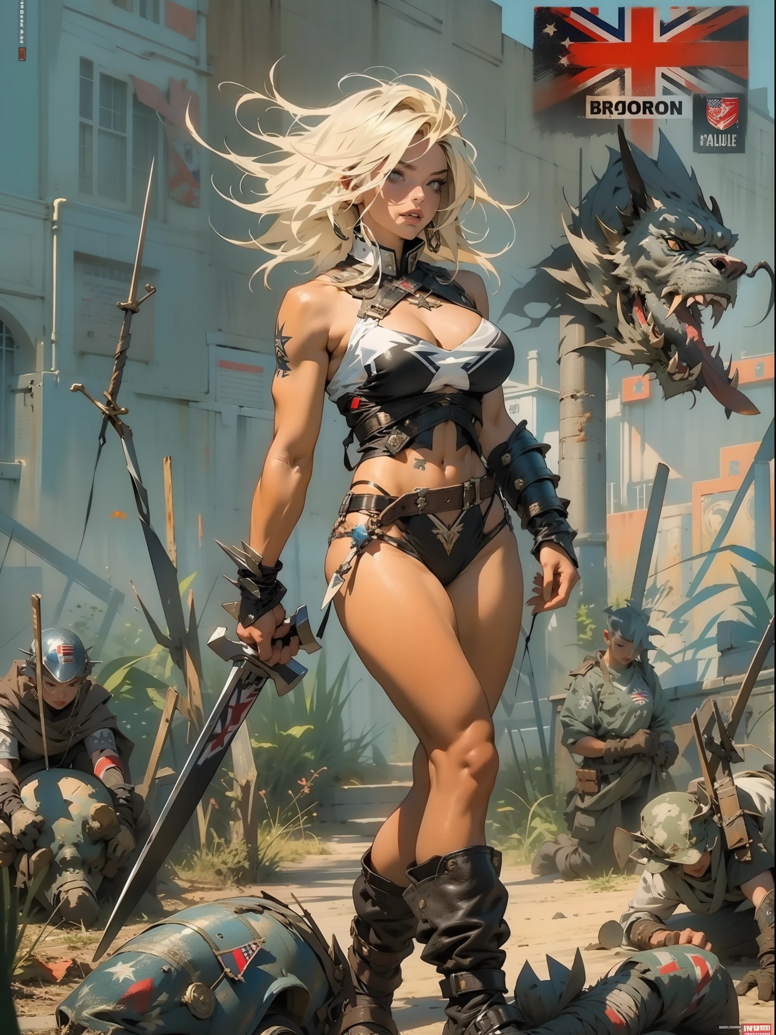 (((female))), (((best quality))), (((masterpiece))), (((adult))), A 35 year old woman warrior with perfect body, Brooklyn Gladiators, hand with steel gloves and metal tips, (( under boobs )), (( minuscule thong )), nearly naked in Simon Bisley's wild urban style for the 2000 A.D. magazine cover, blonde hair, Minimum clothing, armor (clothing made from the flag of the 🇬🇧 ), full of ink-stained spikes and rivets, 5-pointed star tattoo, (((full body))), short black hair with white bangs covering forehead