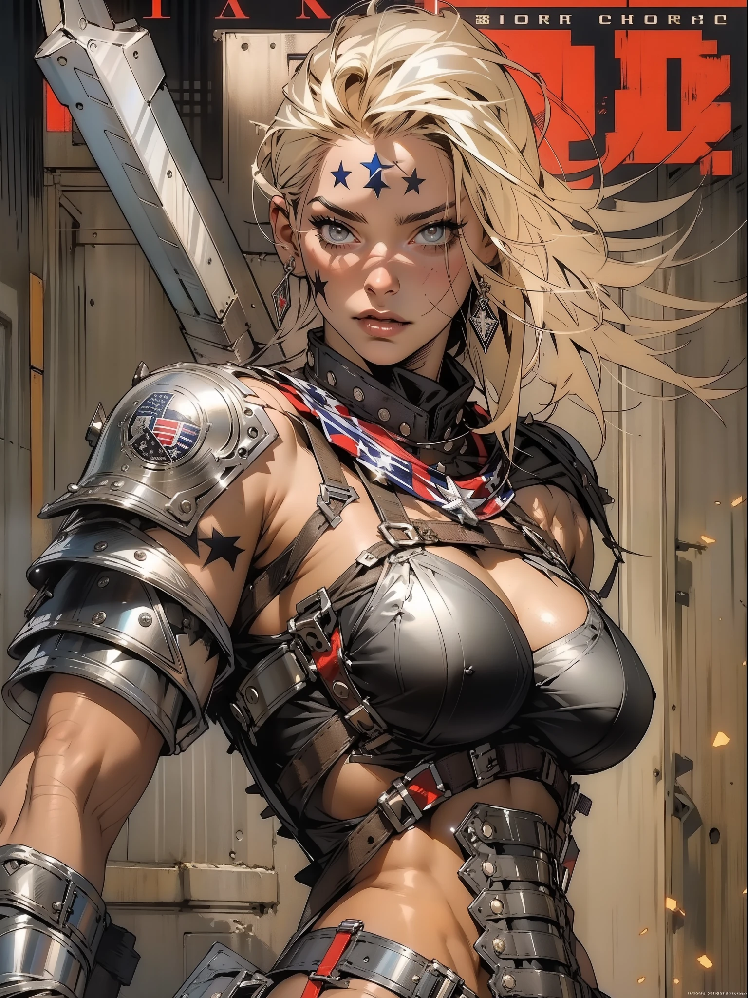 (((female))), (((best quality))), (((masterpiece))), (((adult))), A 35 year old woman warrior with perfect body, Brooklyn Gladiators, hand with steel gloves and metal tips, (( under boobs )), (( minuscule thong )), nearly naked in Simon Bisley's wild urban style for the 2000 A.D. magazine cover, blonde hair, Minimum clothing, armor (clothing made from the flag of the 🇬🇧 ), full of ink-stained spikes and rivets, 5-pointed star tattoo, (((full body))), short black hair with white bangs covering forehead