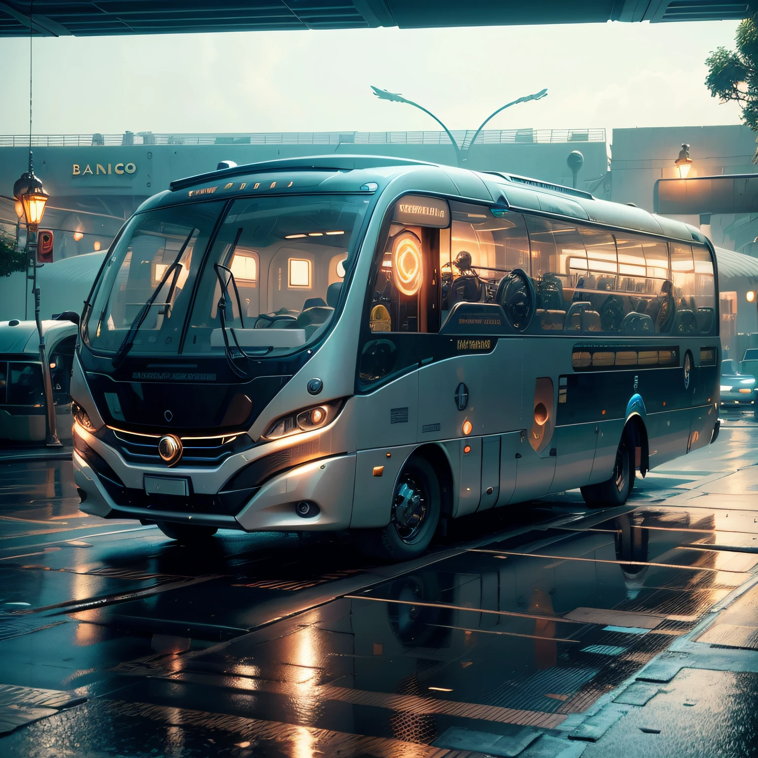 futuristic bus, brancos de fundo, Corpo Steampunk, detalhes intrincados, Magnificent, cinemactic, high resolution, 4k,