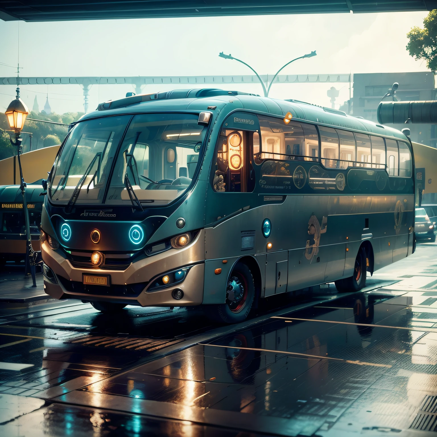 futuristic bus, brancos de fundo, Corpo Steampunk, detalhes intrincados, Magnificent, cinemactic, high resolution, 4k,