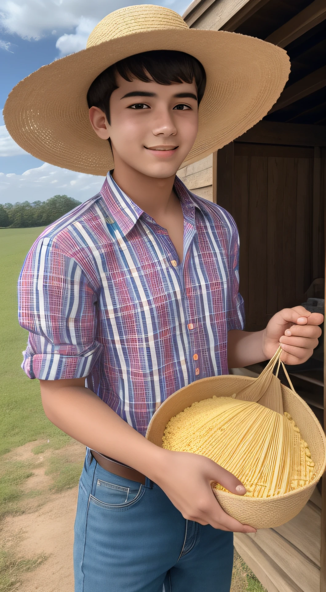 20-year-old man in a straw hat and plaid shirt holding a packet of cornmeal