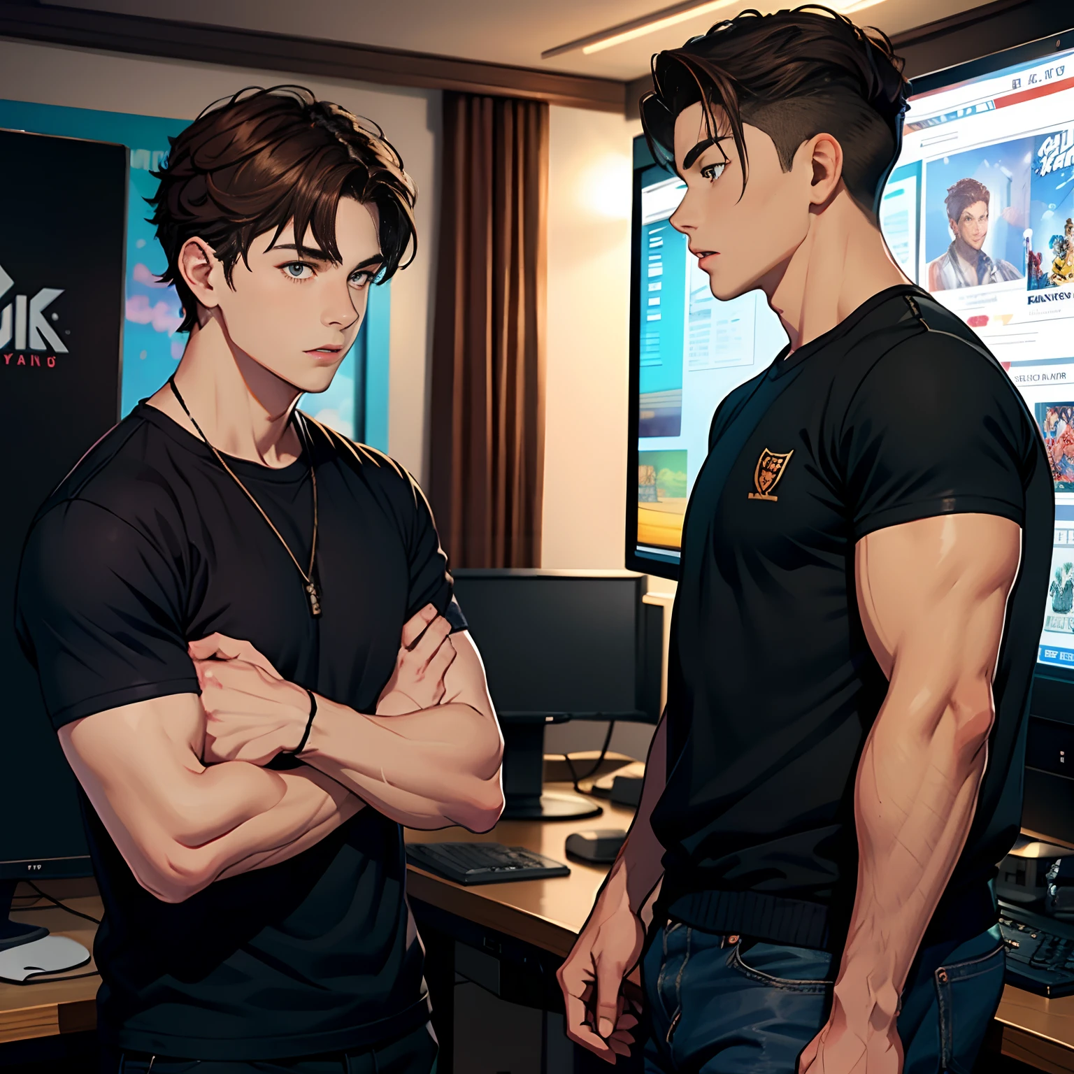 A handsome young man with brown hair，wearing black clothes，Standing with a burly youth，In the background is a gaming room