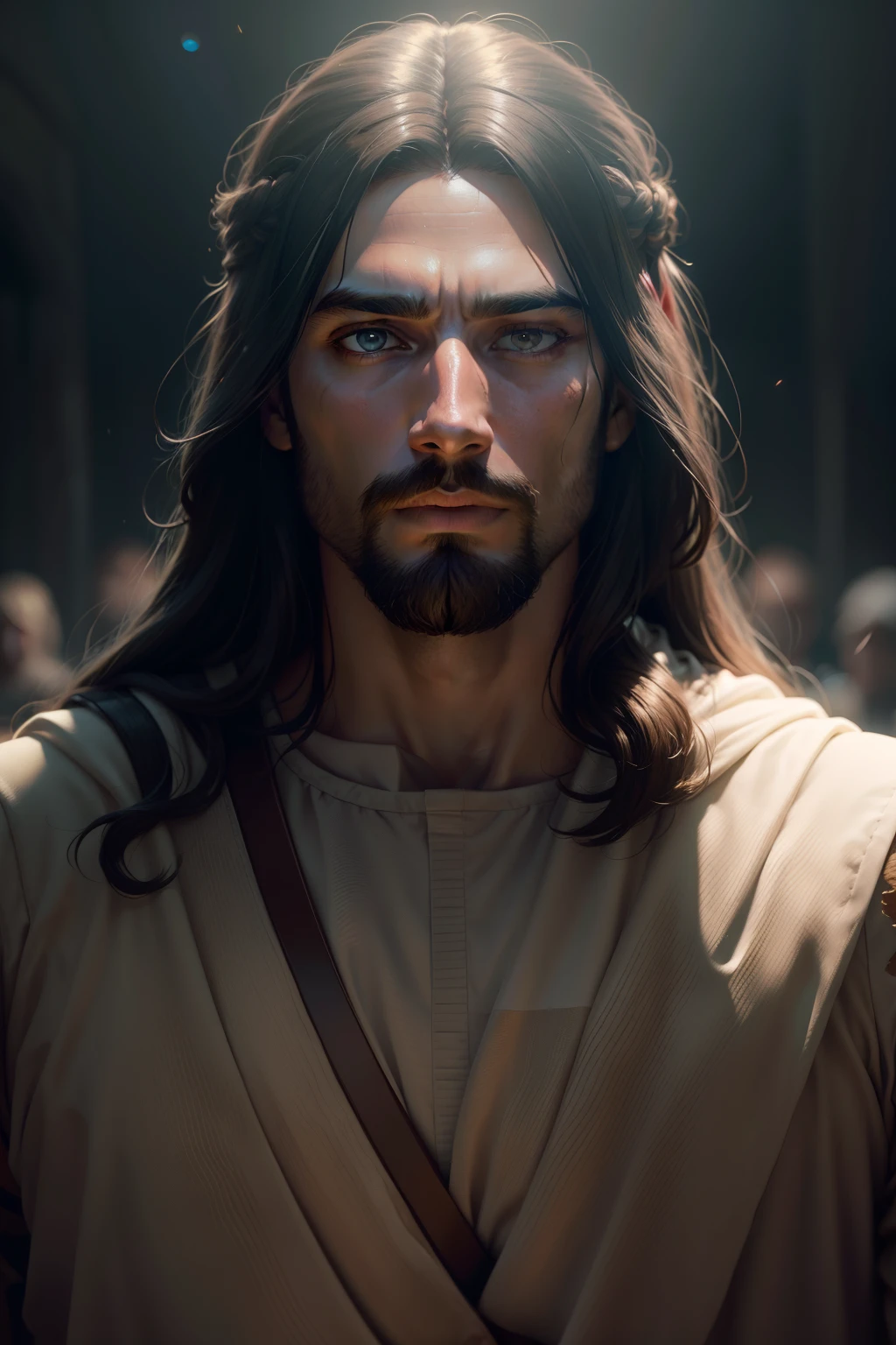 Male Jesus Christ Facing Forward, Jesus Christ of Nazareth. High detail, social realism, surrealism, depth of field, cinematic lighting, chromatic aberration, blurry, reflection light, ray tracing, JPEG artifacts, super detail, high detail, high quality, best quality, 16k, portrait