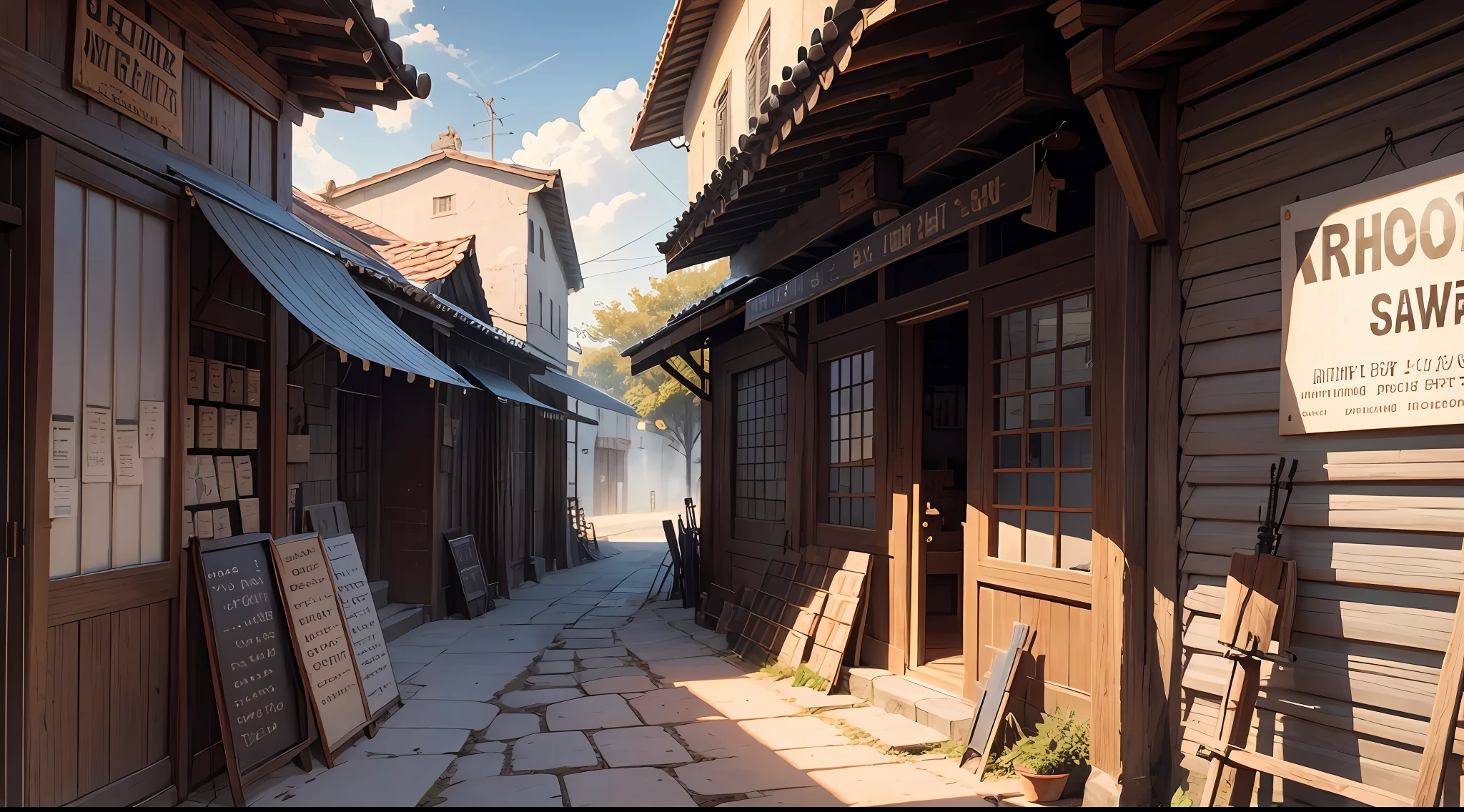 Outside view、Entrance to the brick building、Weapons Shop、Western-style room、Italy、Spain、Weapons store sign、Hanging Sign、in isekai、The door is open and、、、、、、、、、、、I see a weapon behind me.、unmanned、No humans、no Animal、leisure、Silence、during daytime、hiquality、It was real、Signs like weapons shops、Old buildings、Old West、Weapons outside the store、Western Europe、Norse man、No windows、Fade the shadow、Low contrast、Weak sunlight、14century、medieval times、Weak shade、Cloudy weather、Ancient、in isekai