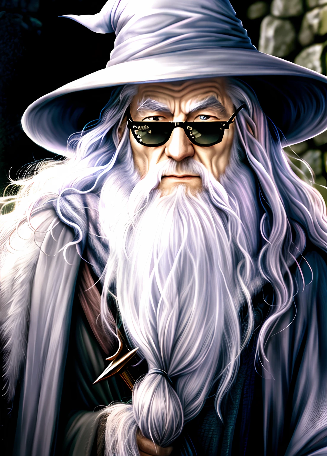 gandalf, wise, wearing deal with it sunglasses, Wizard, high contrast, (natural skin texture, hyperrealism, soft light, sharp),