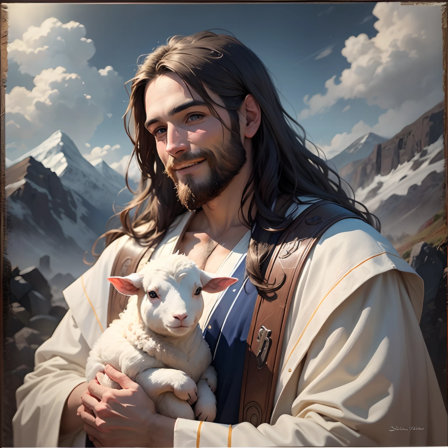 Jesus,portrait, soft light, a man with long brown hair and a beard, wearing a white robe and a blue sash, holding a lamb in his arms, smiling gently, mountains and clouds in the background, 8k, oil painting