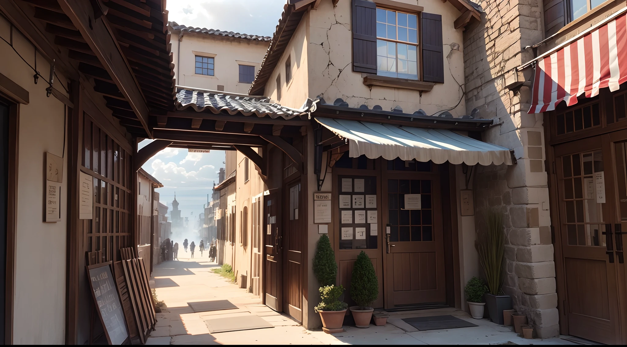 Outside view、Entrance to the brick building、Weapons Shop、Western-style room、Italy、Spain、Weapons store sign、Hanging Sign、in isekai、The door is open and、、、、、、、、、、、I see a weapon behind me.、unmanned、No humans、no Animal、leisure、Silence、during daytime、hiquality、It was real、Signs like weapons shops、Old buildings、Old West、Weapons outside the store、Western Europe、Norse man、No windows、Fade the shadow、Low contrast、Weak sunlight、１４century、medieval times、Weak shade、Cloudy weather、Ancient、in isekai