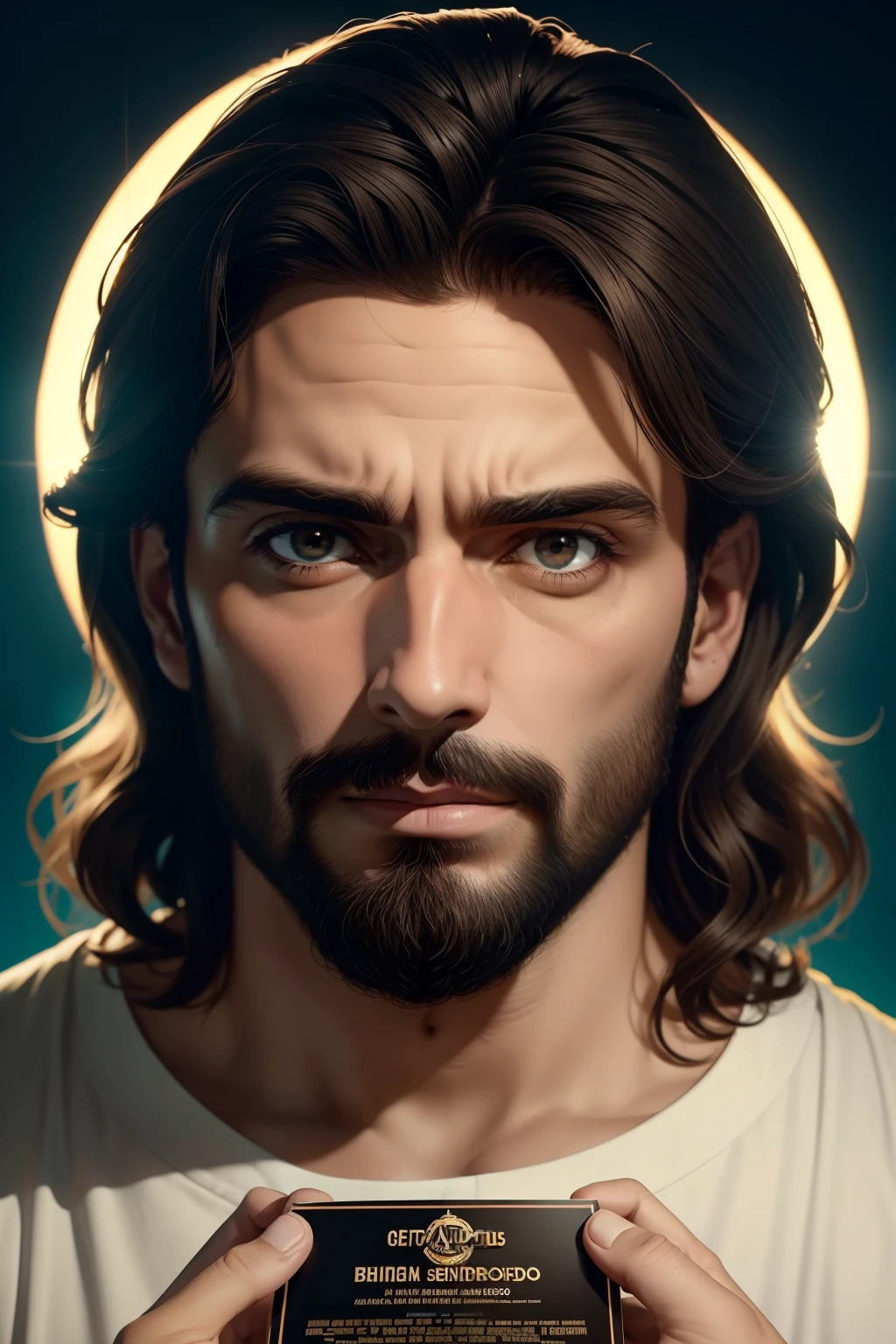 Jesus Cristo compridos e barba segurando uma placa que diz Sevoce ama deus precia ve, Miniatura do YouTube, Jesus Gigachade, Nicodemos, Directed by: Bernardo Daddi, Directed by: Cesar Faini, Arte Digital