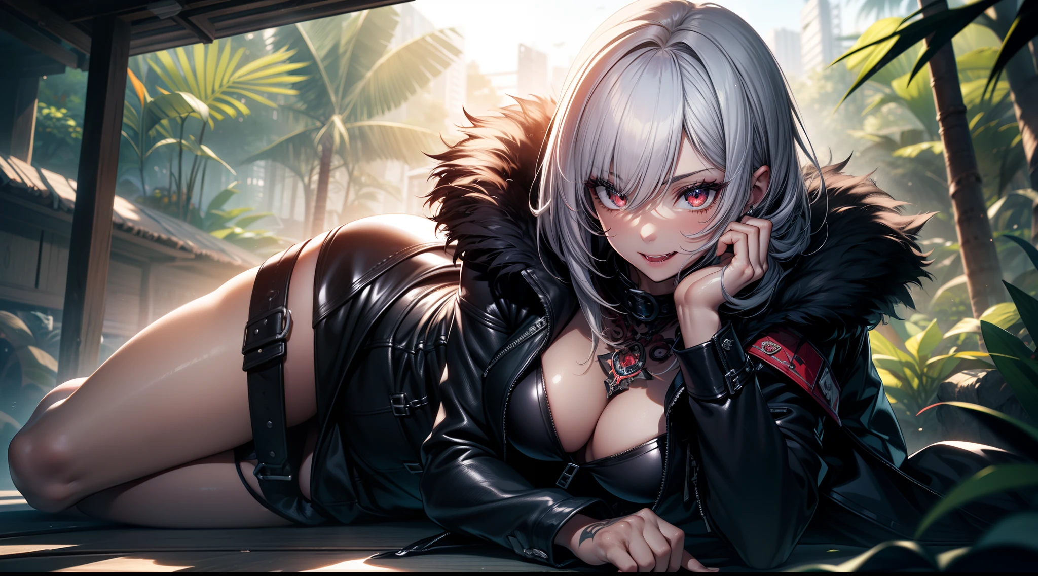 realistic photo of slaved (savage, tribal, jungle)_vampire with (white hair), bat fur, coat|wings, ((fangs)), colorful extremely_detailed_(tribal, jungle)_tight_(lacy, leather, fur, silk, satin, latex)_(clothing, skirt), high collar, detailed face, detailed beautiful shiny red eyes, slit pupils, (((seductive laying))), metallic reflections, ((tatooed, marked)_with_shining_runes)_fit_muscular_body, shiny skin, tropical city ruins fog, (((1girl))), portrait, (full body), natural breasts, medium length white hair, masterpiece, best quality, beautiful and aesthetic:1.2, fractal art:1.4, 16K, HDR, RTX, Ray Tracing, Radiosity, Anisotropic Filtering, Subsurface Scattering
