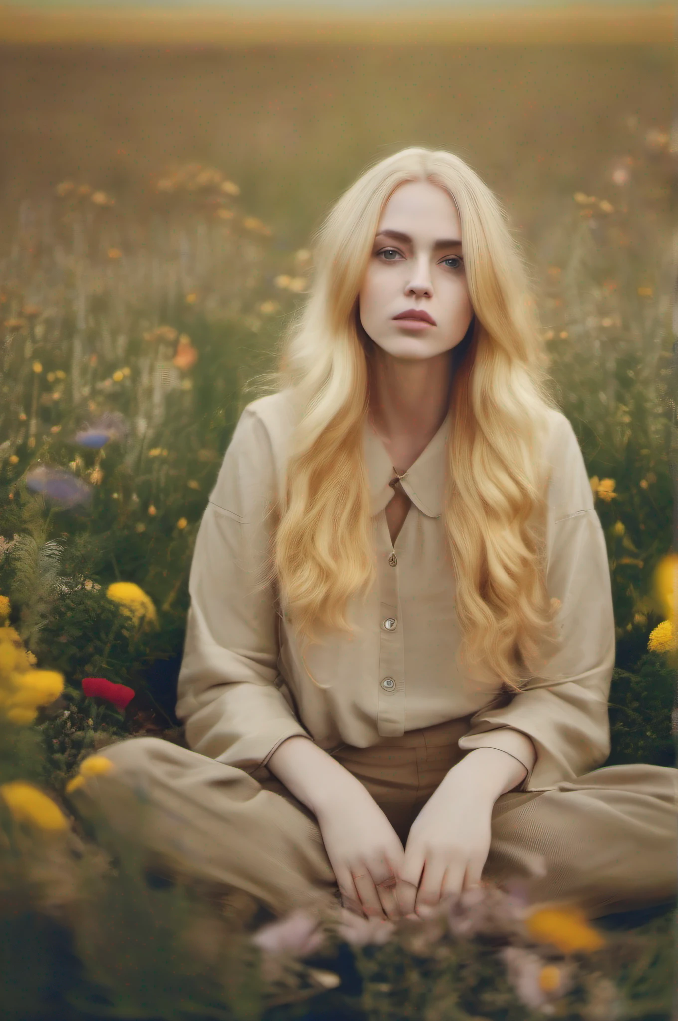 woman, yellow hair long hair, wavy hair, red eyes, flower beige t-shirt,
flower khaki suit, tears, (sitting on knees), looking at viewer,
(flower meadow, flying flowers, flying objects, ((bokeh)), surrealism,
((blur)), (((old photo effect))), perfect symmetric eyes, gorgeous face