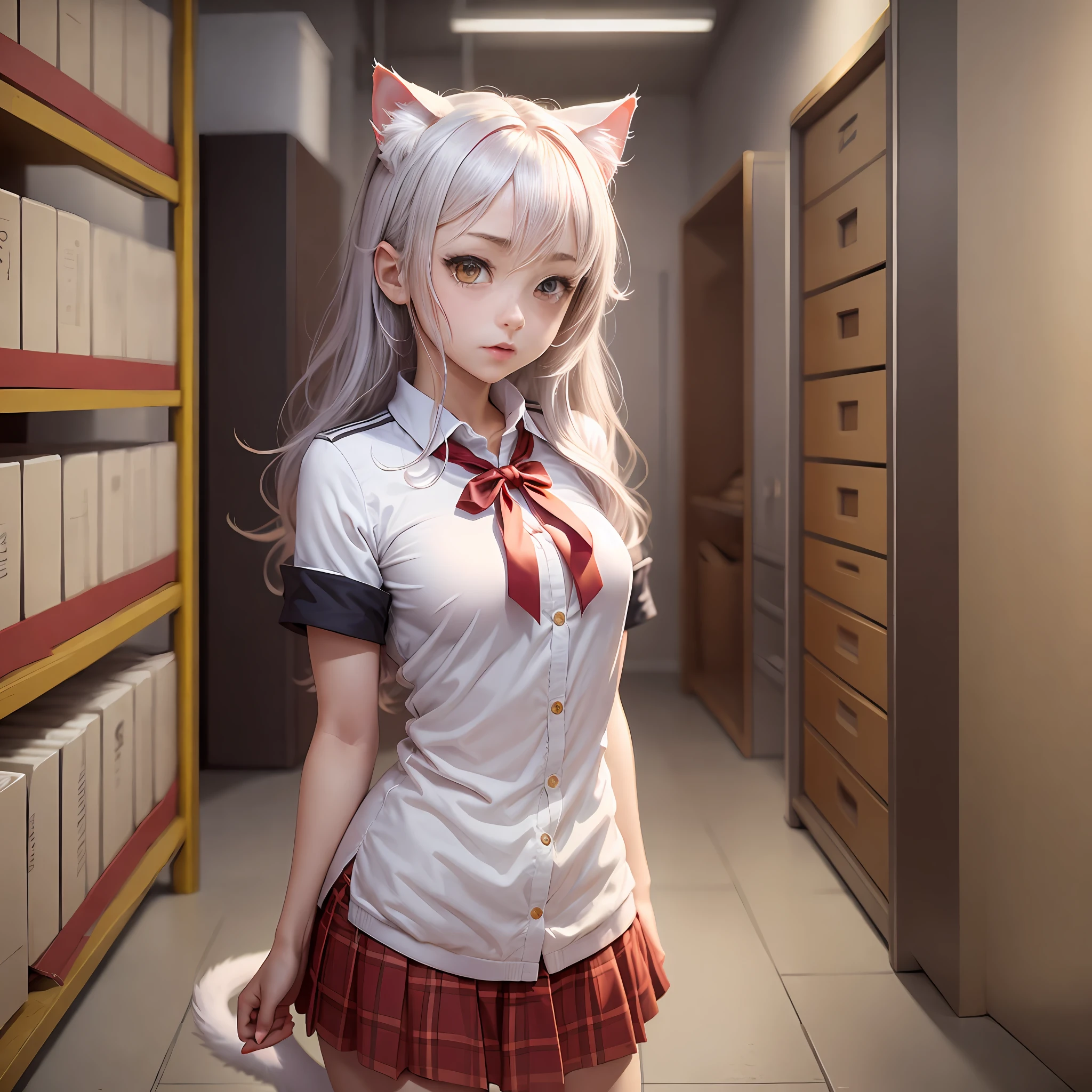 gym storeroom, Koneko Toujou (DXD), 1girl, white cat ears, (classic uniform), white cat tail, school hallway, red skirt, small breasts, black ribbon,, masterpiece, best quality, highly detailed