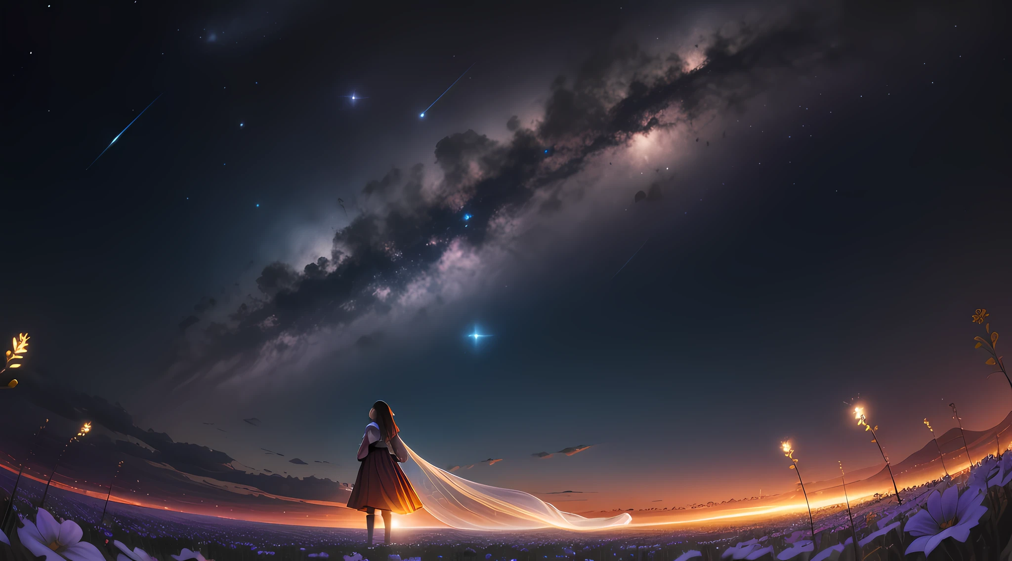 fotografia de paisagem expansiva, (a view from below showing the sky above and the open country below), a girl standing on a flower field looking up, (lua cheia: 1.2), (estrelas cadentes: 0.9), (nebulosa: 1.3), montanha distante, BREAK tree production art, (fonte de luz quente: 1.2), (Firefly: 1.2), bulb, muito roxo e laranja, detalhes intrincados, volumeric lighting, realismo BREAK (obra-prima: 1.2) , (melhor qualidade), 4k, ultra-detalhado, (dynamic compositing: 1.4), detalhes coloridos altamente detalhados, (cores iridescentes: 1.2), (bright illumination, Atmospheric Illumination), sonhador, magica, (solo: 1.2)
