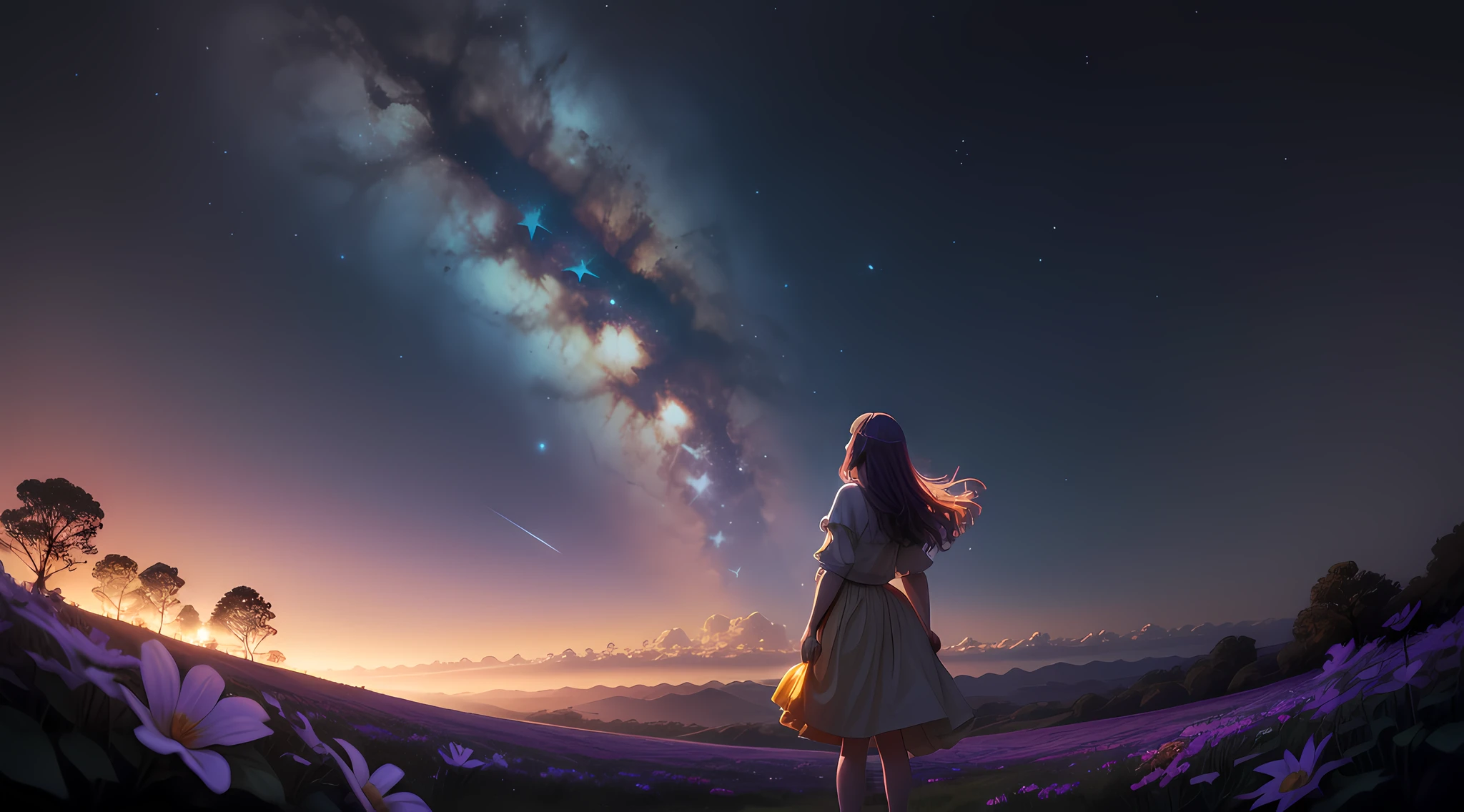 fotografia de paisagem expansiva, (a view from below showing the sky above and the open country below), a girl standing on a flower field looking up, (lua cheia: 1.2), (estrelas cadentes: 0.9), (nebulosa: 1.3), montanha distante, BREAK tree production art, (fonte de luz quente: 1.2), (Firefly: 1.2), bulb, muito roxo e laranja, detalhes intrincados, volumeric lighting, realismo BREAK (obra-prima: 1.2) , (melhor qualidade), 4k, ultra-detalhado, (dynamic compositing: 1.4), detalhes coloridos altamente detalhados, (cores iridescentes: 1.2), (bright illumination, Atmospheric Illumination), sonhador, magica, (solo: 1.2)