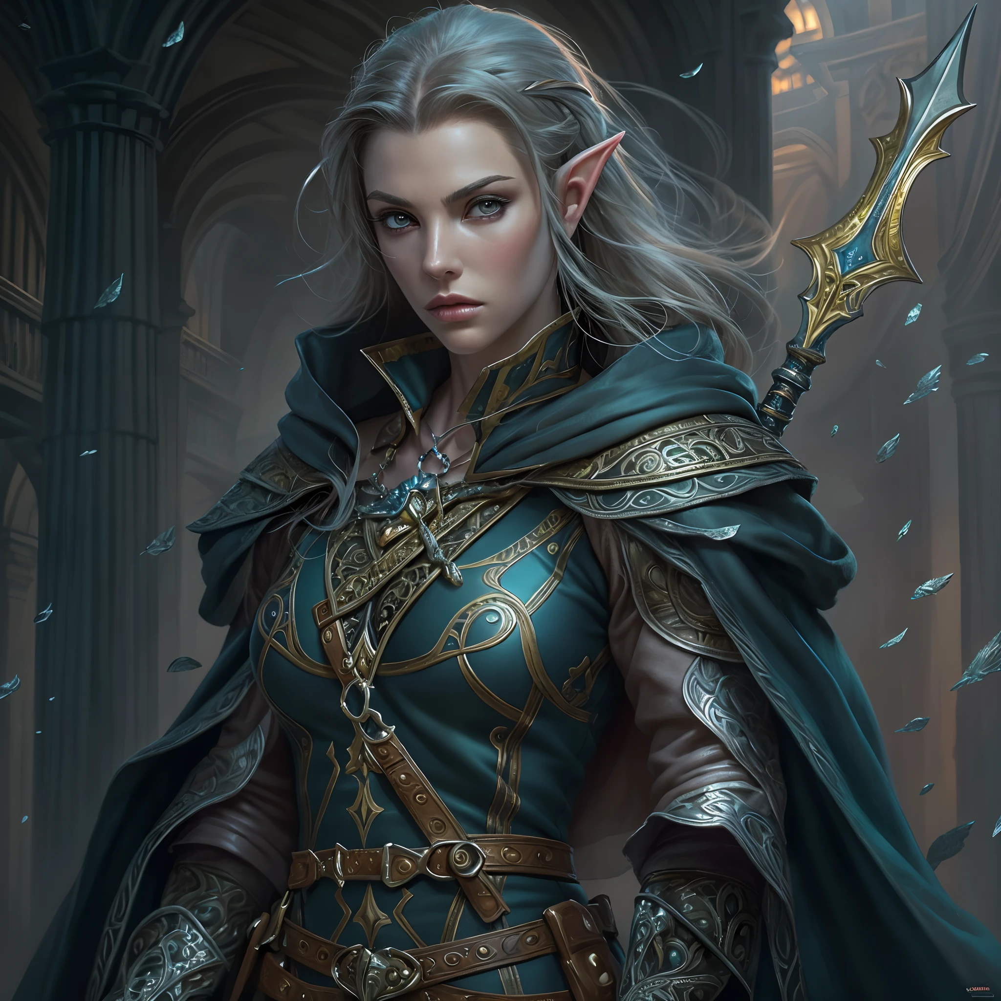 a picture of a female elf (intense details, Masterpiece, best quality: 1.5) fantasy swashbuckler, fantasy fencer, armed with a slim sword, shinning sword, metallic shine, colorful clothes, an ultra wide shot, full body (intense details, Masterpiece, best quality: 1.5)epic beautiful female elf (intense details, Masterpiece, best quality: 1.5), [[anatomically correct]],  rich hair, braided hair, long hair, small pointed ears, fantasy urban street (intense details, Masterpiece, best quality: 1.5),  purple cloak  (intense details, Masterpiece, best quality: 1.5), long cloak (intense details, Masterpiece, best quality: 1.5), elven leather armor (intense details, Masterpiece, best quality: 1.5) sense of daring, sense of adventure, controlling a swirling radiant magic runes (1.5 intricate details, Masterpiece, best quality), manipulating magical runes (intense details, Masterpiece, best quality: 1.5) high details, best quality, 8k, [ultra detailed], masterpiece, best quality, (extremely detailed), dynamic angle, ultra wide shot, photorealistic, RAW, fantasy art, dnd art, fantasy art, realistic art,