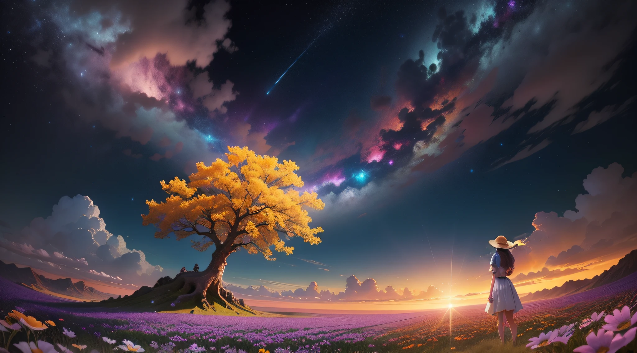 fotografia de paisagem expansiva, (a view from below showing the sky above and the open country below), a girl standing on a flower field looking up, (pegue a chave: 1.2), (estrelas cadentes: 0.9), (nebulosa: 1.3), montanha distante, BREAK tree production art, (fonte de luz quente: 1.2), (Pirilampo: 1.2), bulb, muito roxo e laranja, detalhes intrincados, volumeric lighting, realismo BREAK (obra-prima: 1.2) , (melhor qualidade), 4k, ultra-detalhado, (dynamic compositing: 1.4), detalhes coloridos altamente detalhados, (cores iridescentes: 1.2), (bright illumination, Atmospheric Illumination), sonhador, Magia, (sozinho: 1.2)