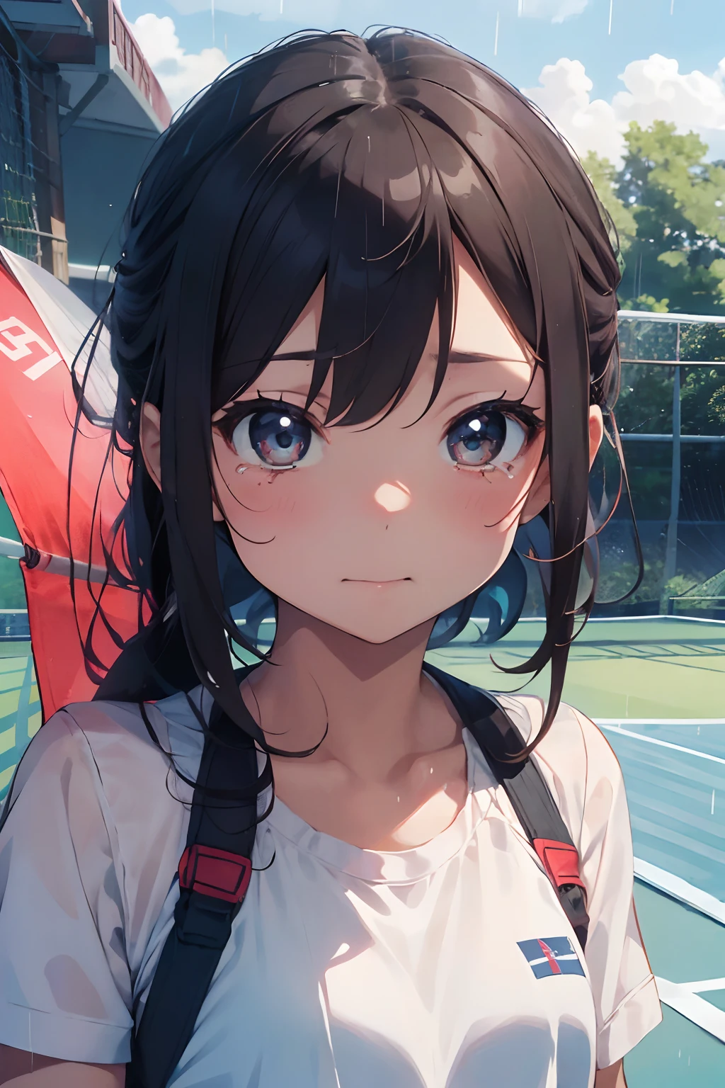 masutepiece, Best Quality, 8K_Wallpaper, (Beautiful eyes), ((Cute)), Cute, (lovely), (Tennis court on rainy days),1girl in,small tits,1 schoolgirl,Girl with umbrella,Sad and crying girl,facial close-up、portlate(((tennis coat)))(((Tennis Wear)))