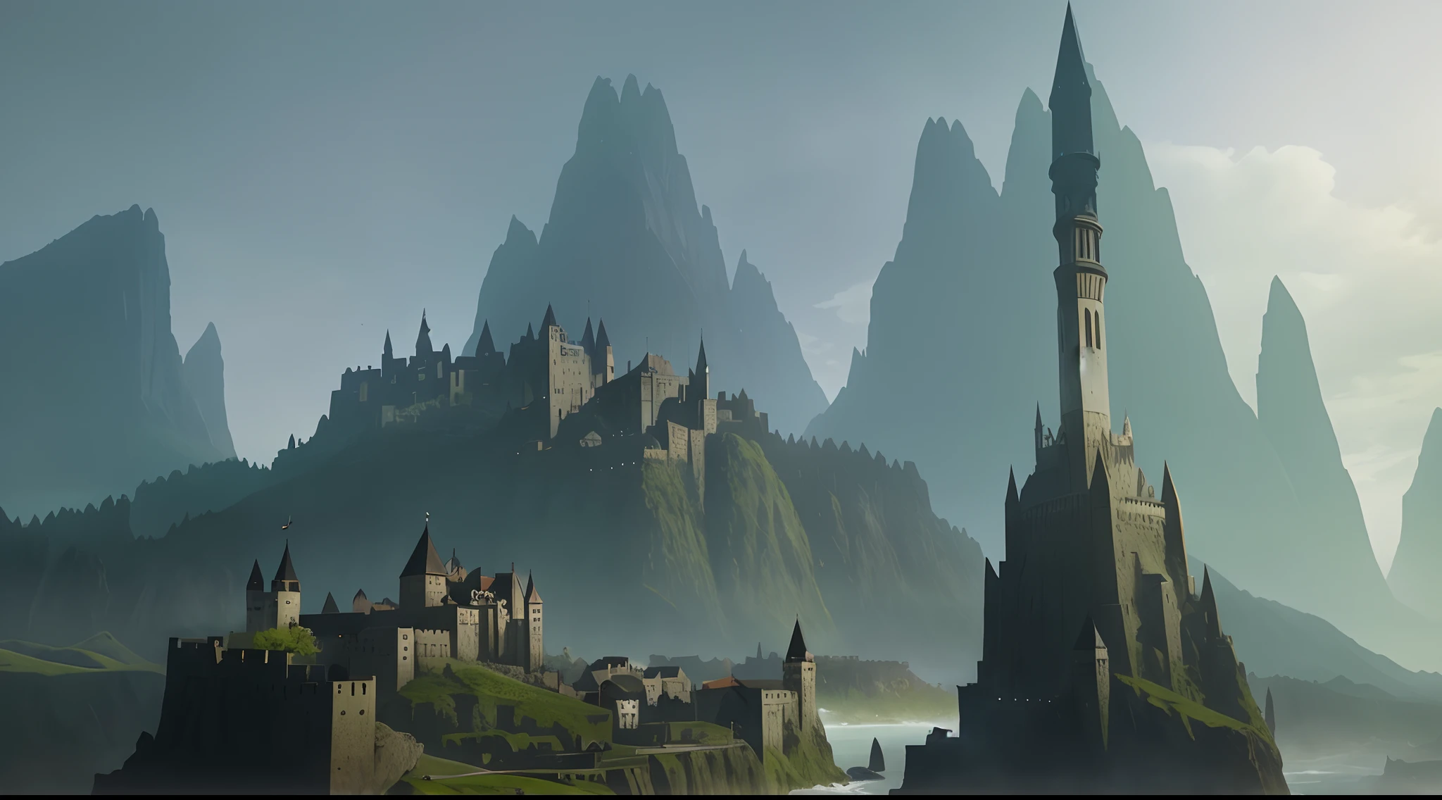 View of Aalfid from a castle on the hill,A dragon flew over it, author:Raphael Lacoste, martin raphael lacoste, Dragon Age concept art, noah bradley concept art, high fantasy matte painting, silvain sarrailh, Estilo de Raphael Lacoste, inspired by Raphael Lacoste, high fantasy concept art, concept world art, concept art matte painting
