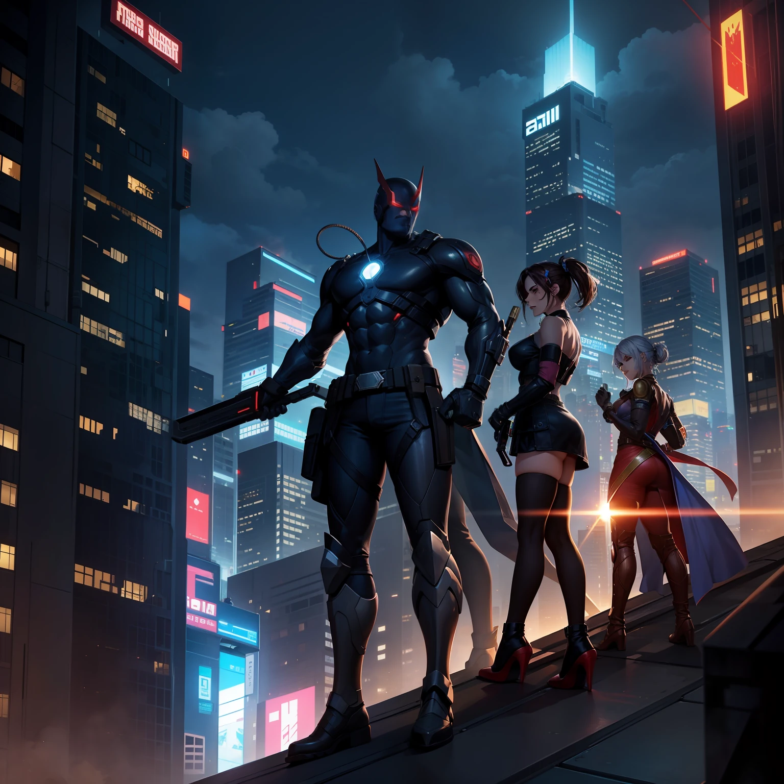 Super team of various heroes on a rooftop in a cyberpunk city