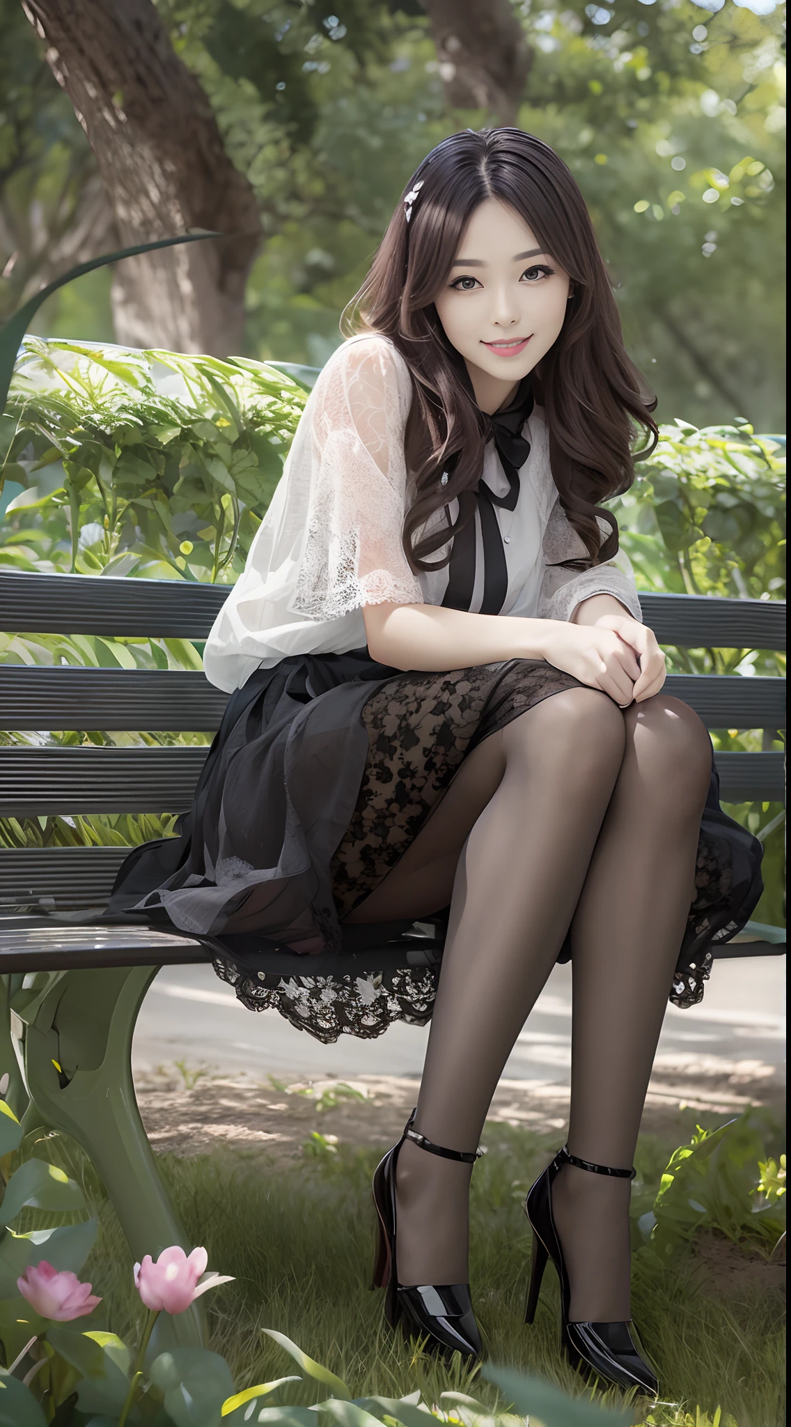 tmasterpiece,Black lace pantyhose with flowers,Girl sitting on a park bench,ssmile,Laid back,Light wind,Movie side light,