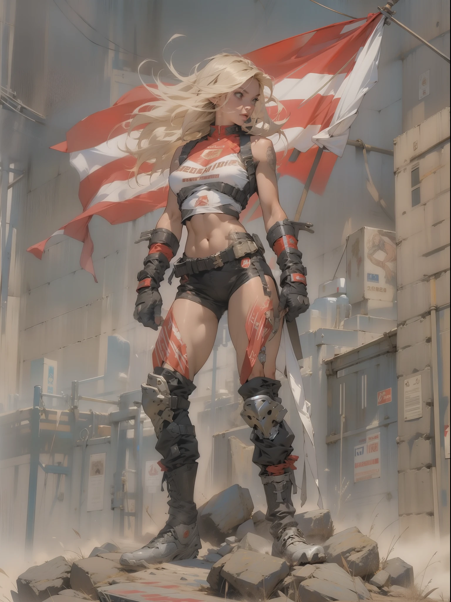 (((female))), (((best quality))), (((master part))), (((adulto))), Uma mulher guerreira de 35 anos com corpo perfeito, Gladiadores do Brooklyn, hand with steel gloves and metal tips, steel hand protection, (( under boobs )), (( Tiny floss )), quase nu no estilo urbano selvagem de Simon Bisley para o 2000 A.d. capa de revista, blonde hair, Minimum clothing, armadura (clothes made from the flag of the Soviet Union ), cheio de pontas e rebites enferrujados, Tatuagem de estrela de 5 pontas, (((corpo inteiro))), cabelo preto curto com franja branca cobrindo a testa