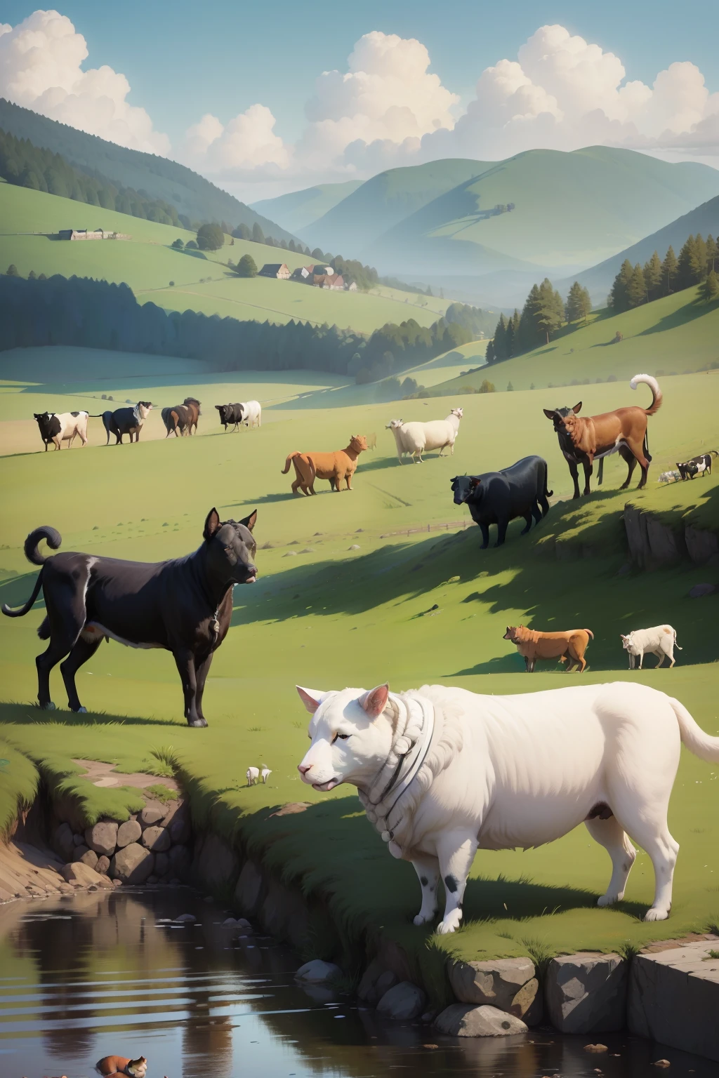 Cat, dog, cow, sheep landscape