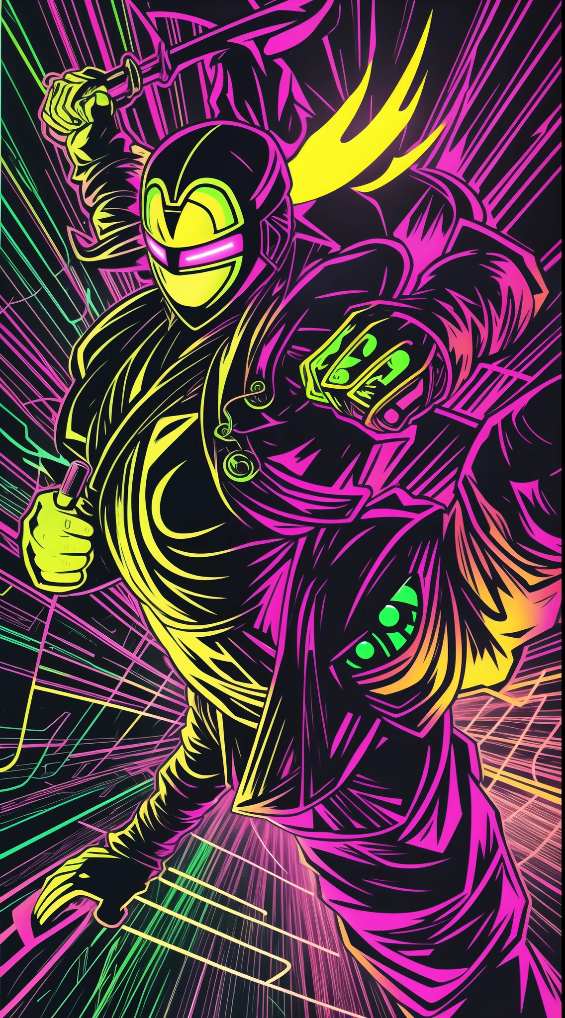 Ninja、Electromechanical、silhuette、cyberpunked、A logo、mechanic、heroic、traffic jam、knifes、Vivid Color、Back alley、Luminous Eyes、Flying shurikens、Acrobatic poses、One Ninja、Aura of green flame、A Japanese style、TOKYOcty、Neon Street、masks、Luminous Eyes、Activate the jutsu、The afterimage of movement is expressed in neon colors.、Crazy smiling ninja、