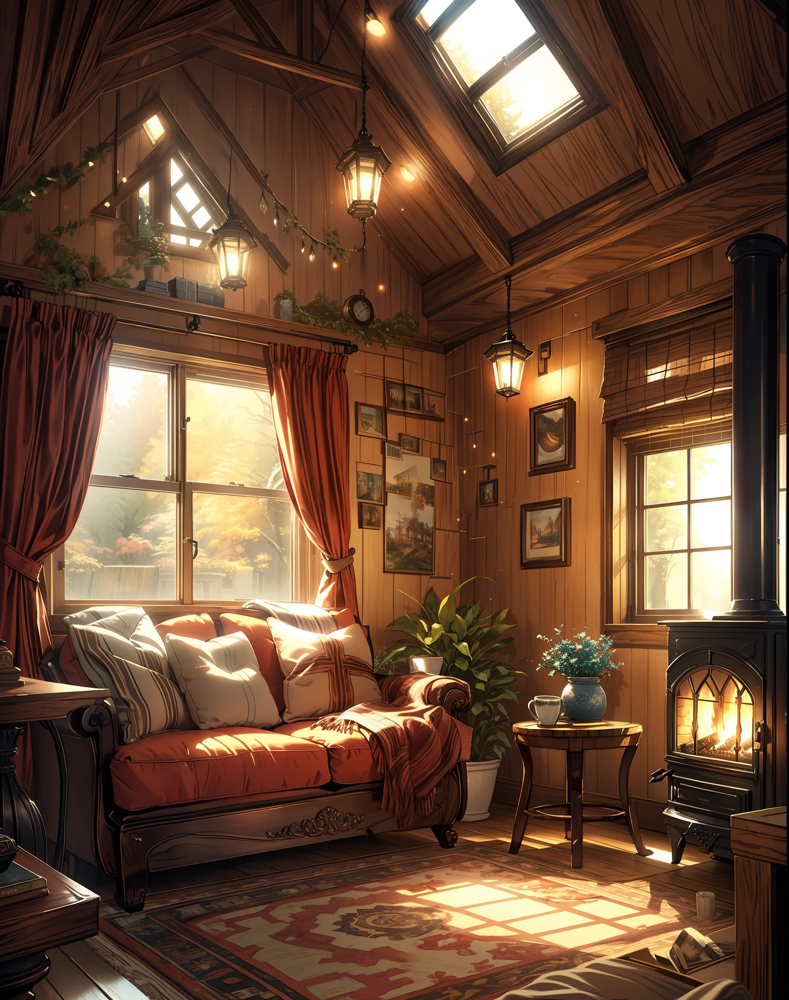 arafed room with a couch, a fireplace, and a window, cozy room, cozy wallpaper, cosy enchanted scene, cozy place, cozy home background, cozy environment, cozy atmospheric, cozy atmosphere, warm interior, cosy atmoshpere, cozy and peaceful atmosphere, relaxing concept art, pleasant cozy atmosphere, cozy setting, cozy and calm, designed for cozy aesthetics!