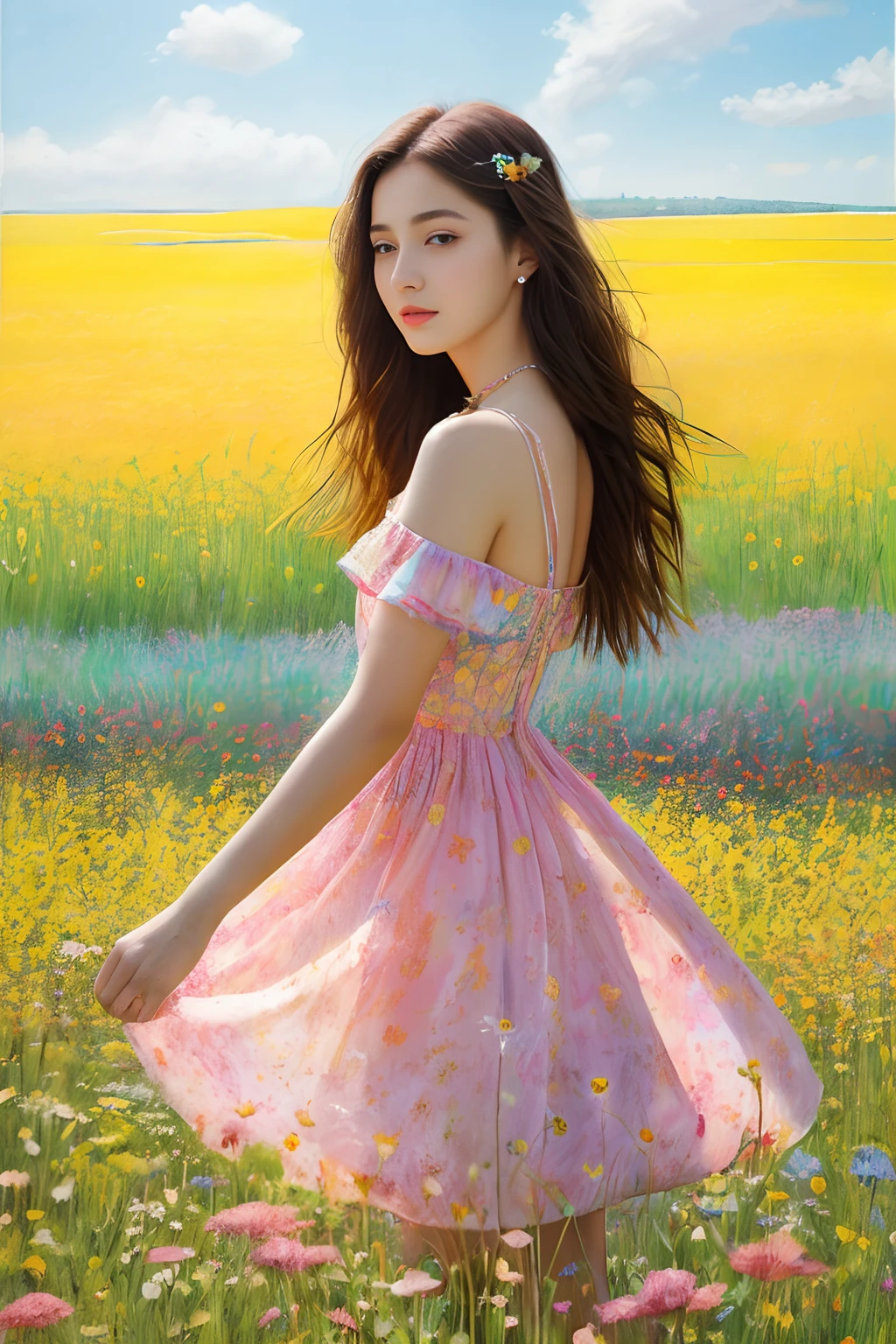 a woman standing in a field of flowers with a dress on her shoulders and a necklace on her neck, Ai Xuan, summer vibrancy, a photorealistic painting, color field
