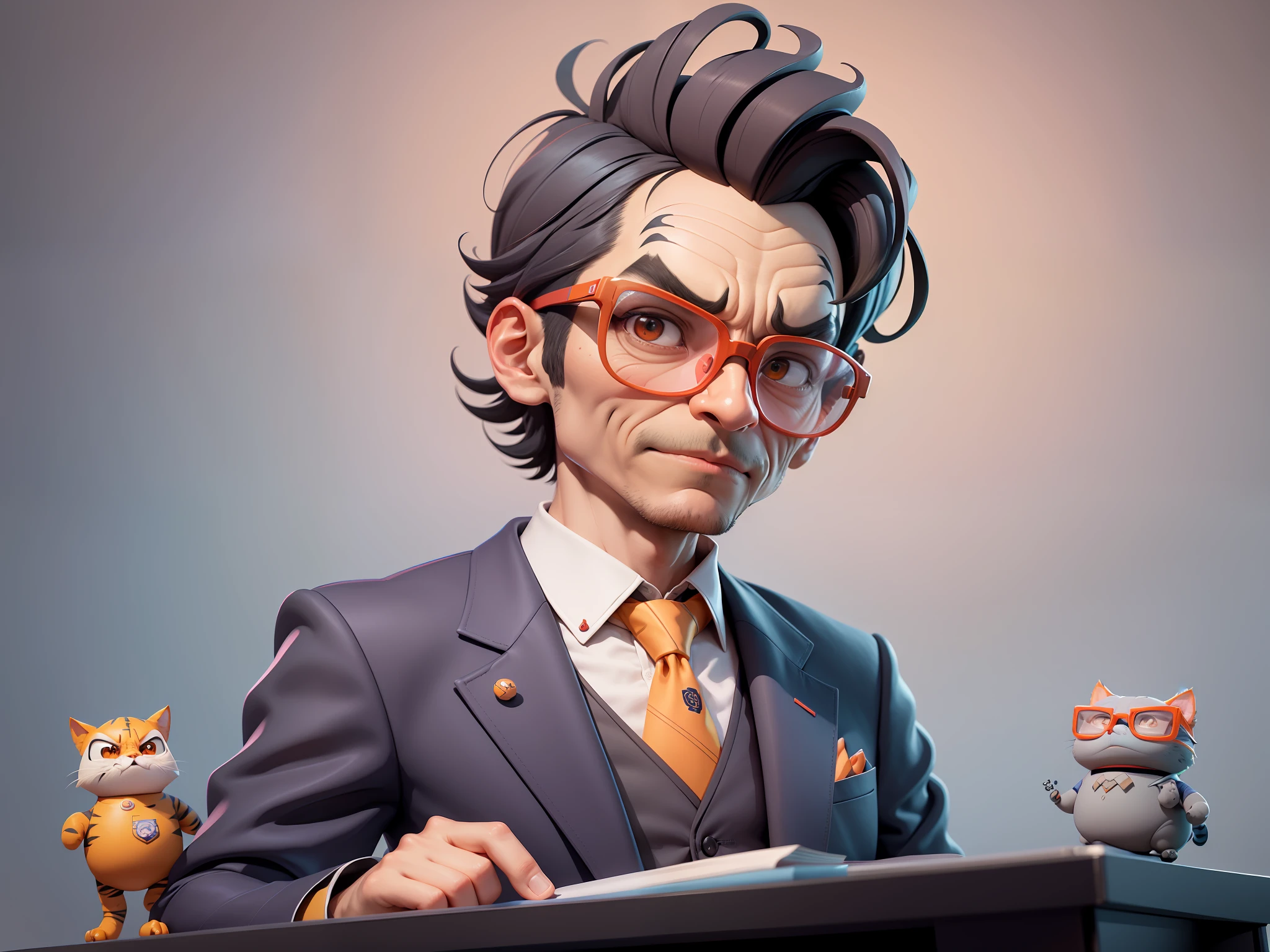 A young man in a suit, Short hair and glasses sat at his desk，holding laptop，digitial painting，tigre，3D character design by Mark Clairen and Pixar and Hayao Miyazaki and Akira Toriyama，4K HD illustration，Very detailed facial features and cartoon-style visuals。